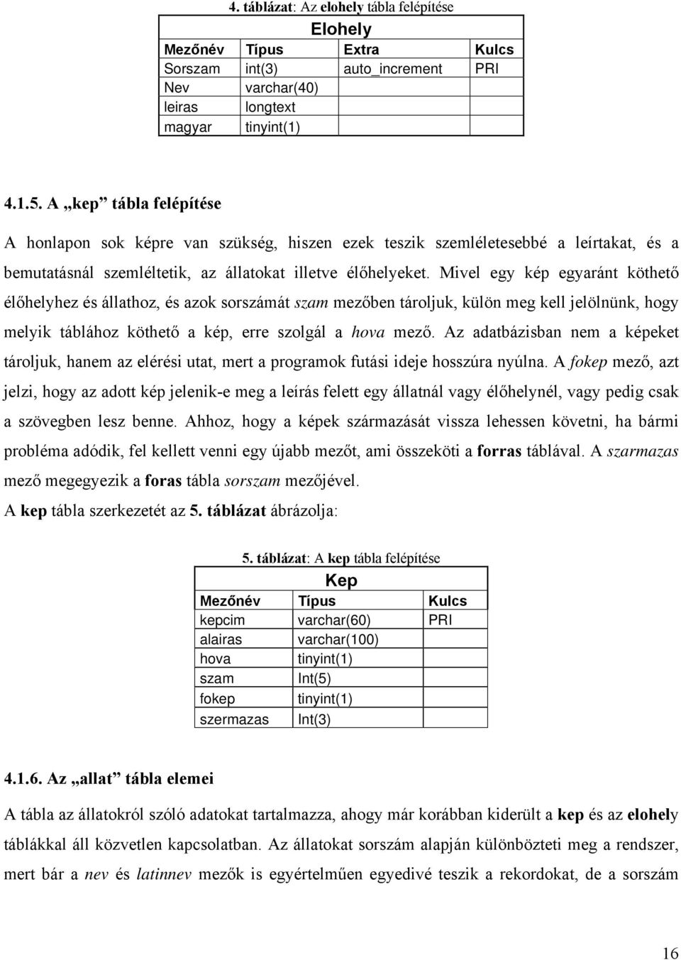 Mivel egy kép egyaránt köthető élőhelyhez és állathoz, és azok sorszámát szam mezőben tároljuk, külön meg kell jelölnünk, hogy melyik táblához köthető a kép, erre szolgál a hova mező.