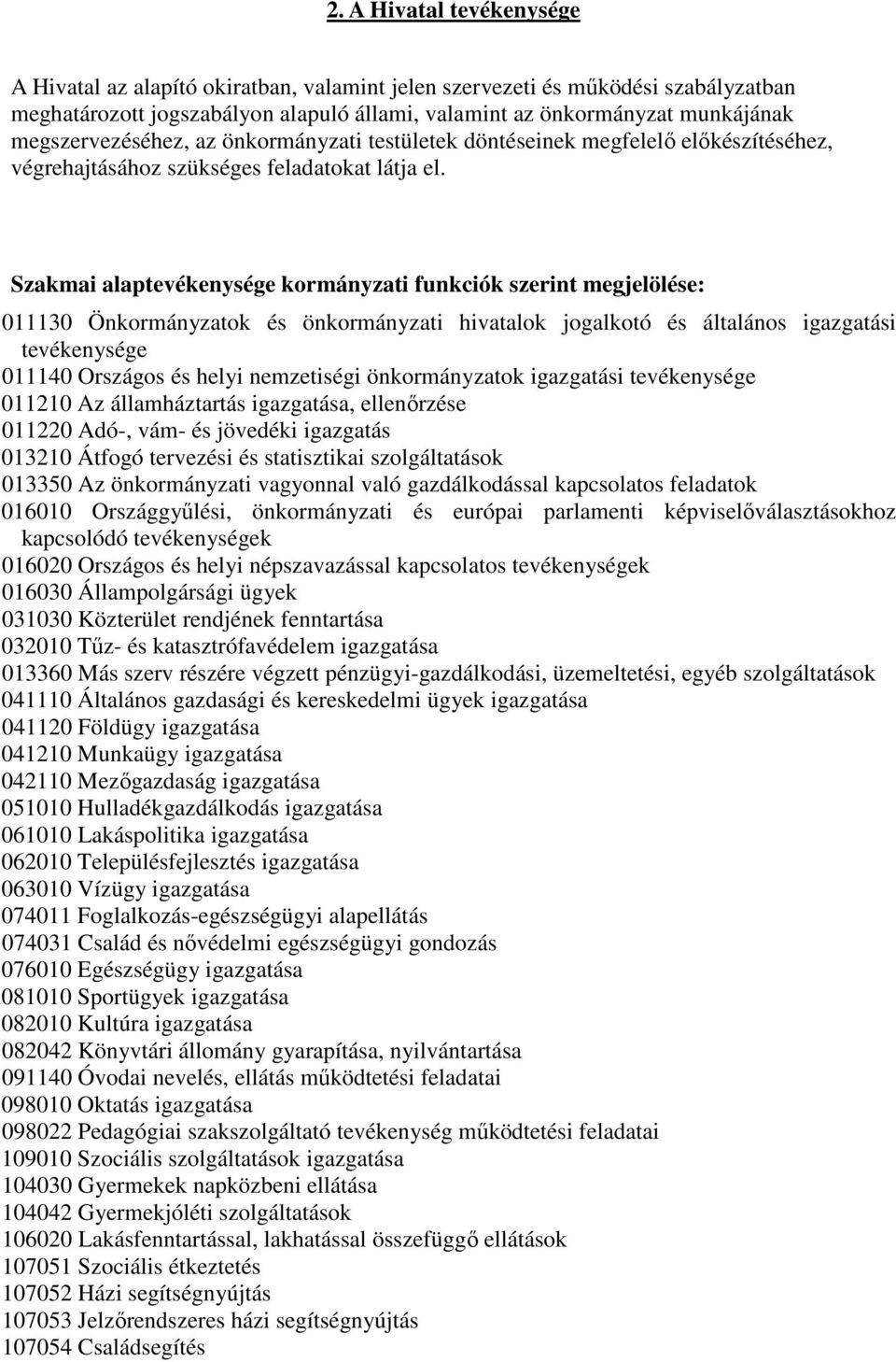 Szakmai alaptevékenysége kormányzati funkciók szerint megjelölése: 011130 Önkormányzatok és önkormányzati hivatalok jogalkotó és általános igazgatási tevékenysége 011140 Országos és helyi nemzetiségi