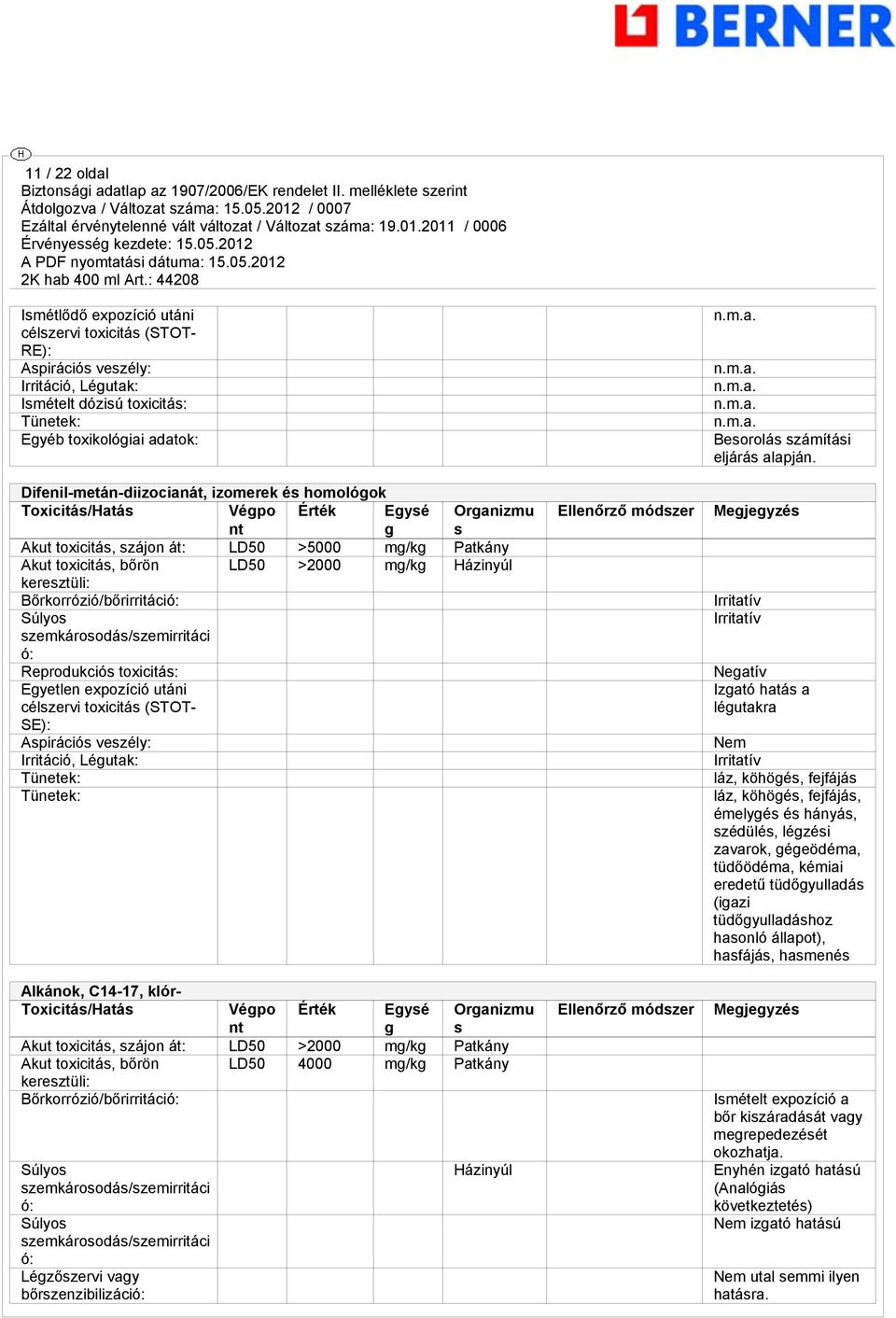 Bőrkorrózió/bőrirritáció: Súlyos szemkárosodás/szemirritáci ó: Reprodukciós toxicitás: Eyetlen expozíció utáni célszervi toxicitás (STOT- SE): Aspirációs veszély: Irritáció, Léutak: Tünetek: Tünetek: