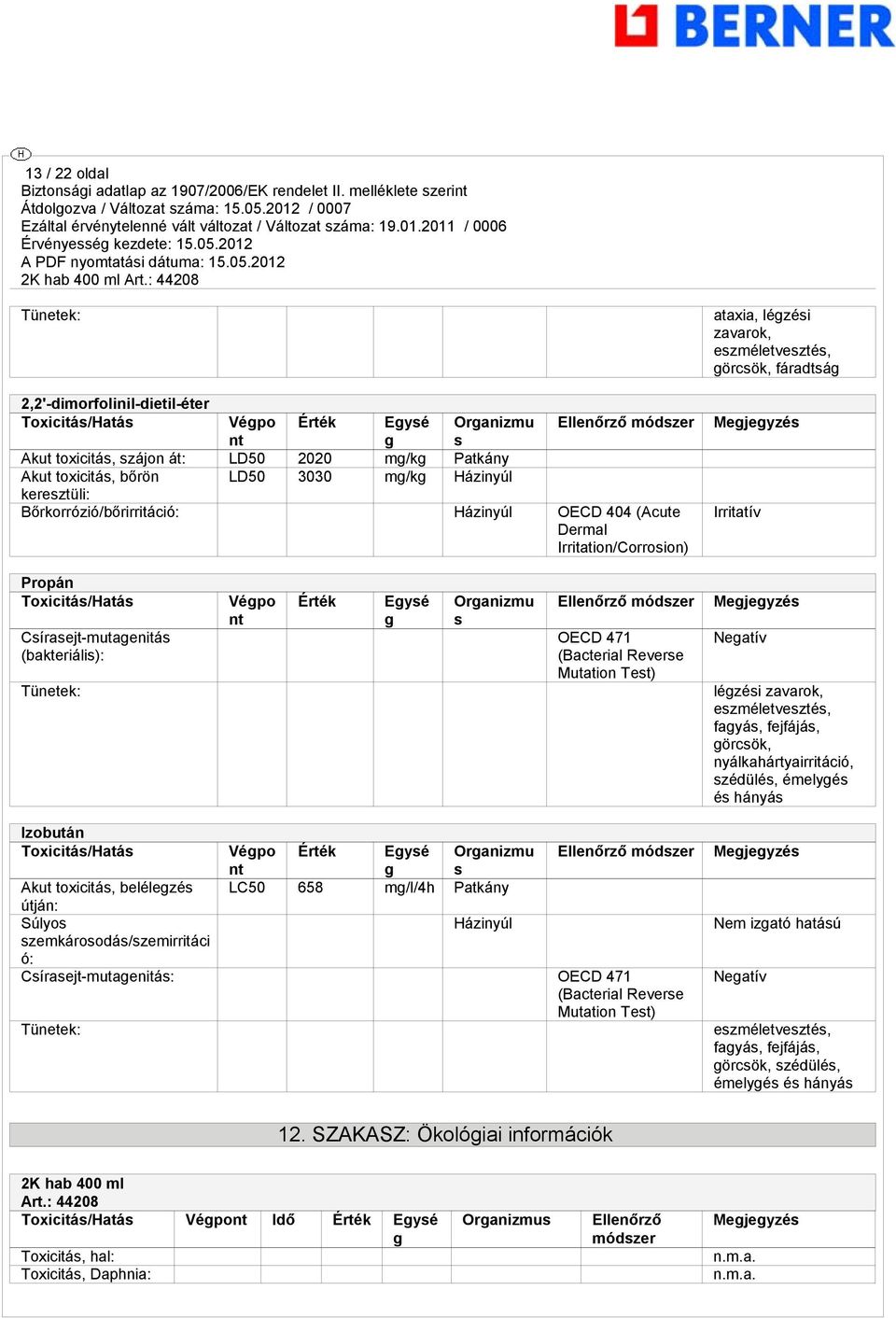 Csírasejt-mutaenitás (bakteriális): Tünetek: Vépo nt Érték Eysé Oranizmu s Ellenőrző módszer OECD 471 (Bacterial Reverse Mutation Test) Neatív lézési zavarok, eszméletvesztés, fayás, fejfájás,