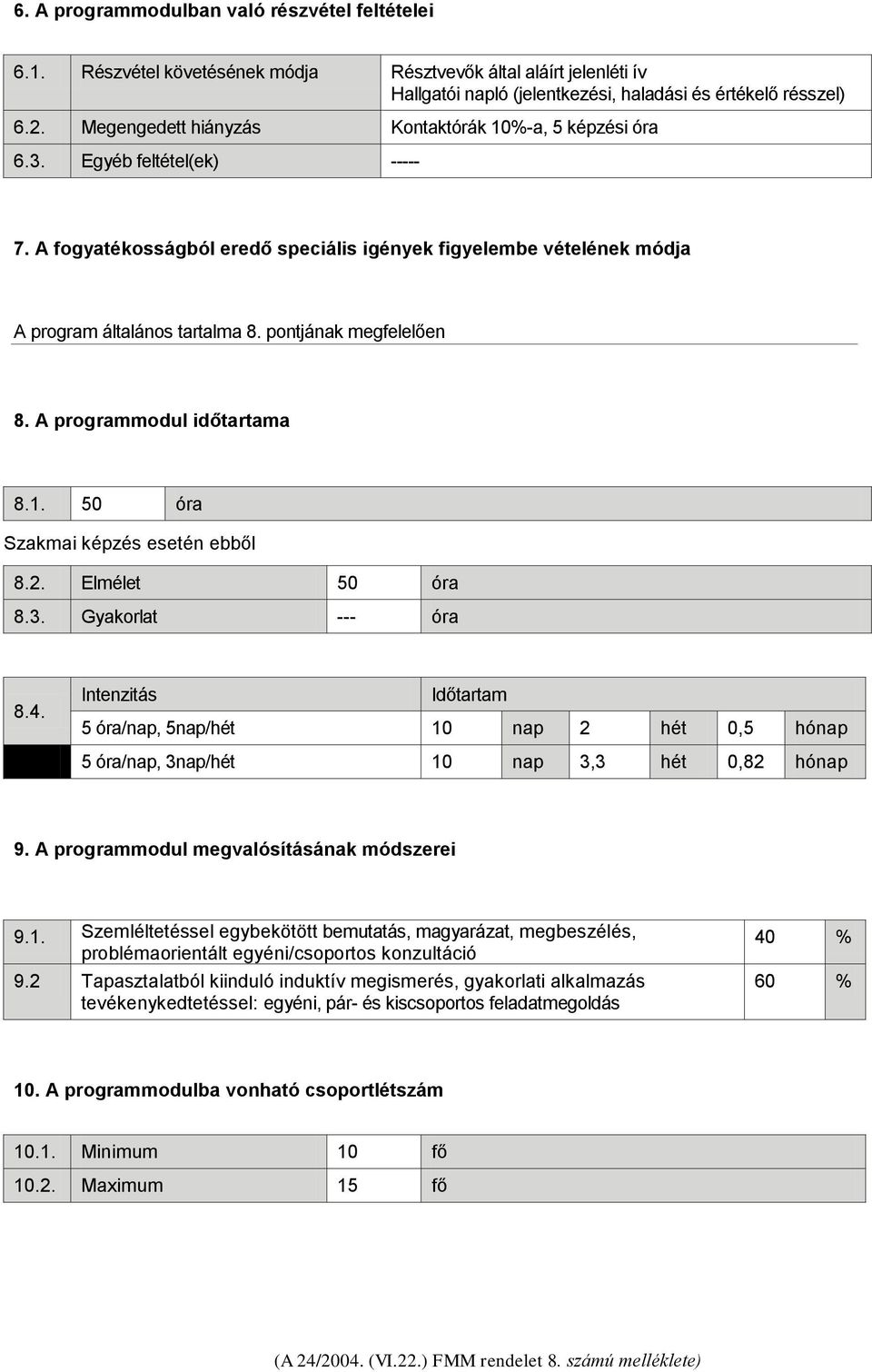 pontjának megfelelően 8. A programmodul időtartama 8.1. 50 óra Szakmai képzés esetén ebből 8.2. Elmélet 50 óra 8.3. Gyakorlat --- óra 8.4.