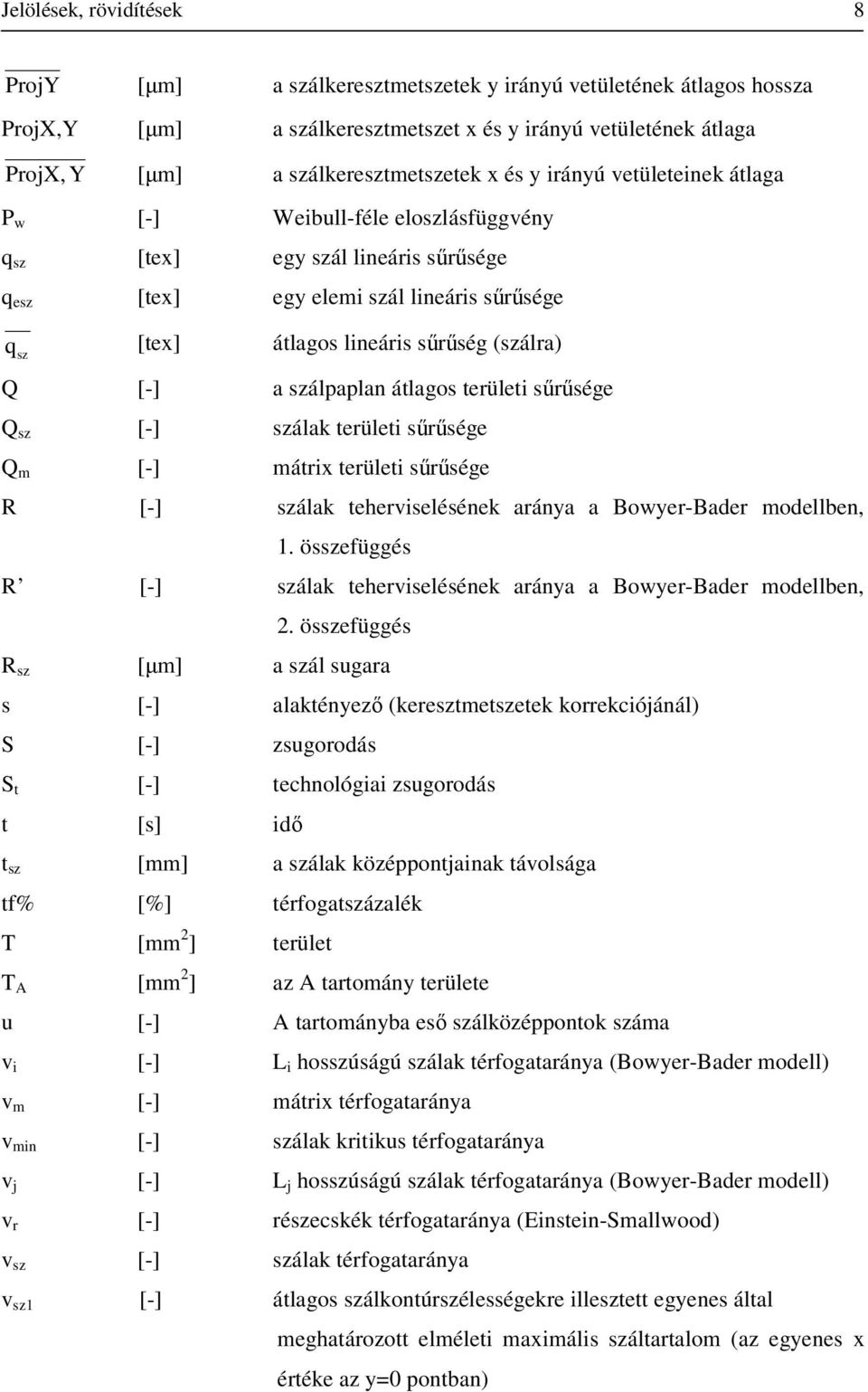 területi sűrűsége Q [-] álak területi sűrűsége Q m [-] mátrix területi sűrűsége R [-] álak teherviselésének aránya a Bowyer-Bader modellben, 1.