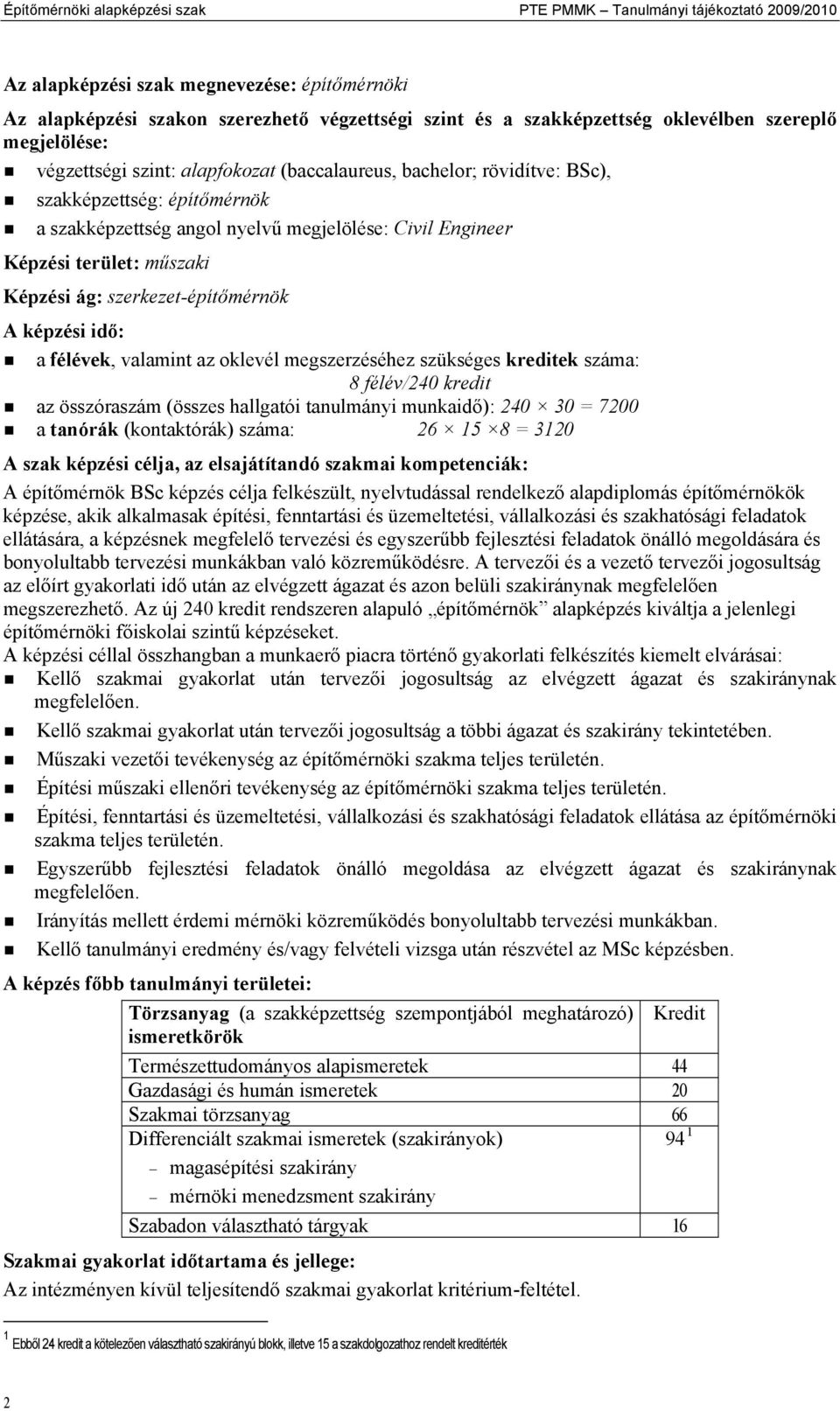 műszaki Képzési ág: szerkezet-építőmérnök A képzési idő: a félévek, valamint az oklevél megszerzéséhez szükséges kreditek száma: 8 félév/240 kredit az összóraszám (összes hallgatói tanulmányi