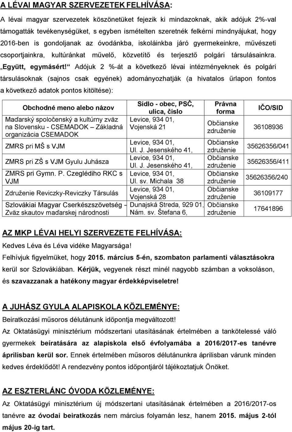 Adójuk 2 %-át a következő lévai intézményeknek és polgári társulásoknak (sajnos csak egyének) adományozhatják (a hivatalos űrlapon fontos a következő adatok pontos kitöltése): Obchodné meno alebo