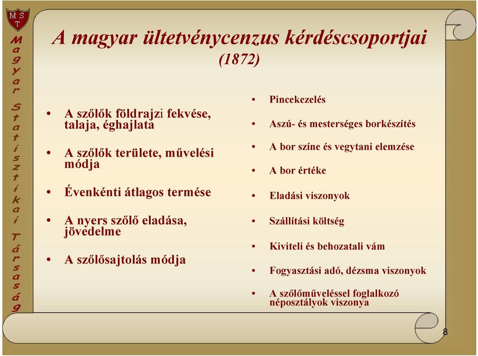 Pincekezelés Aszú- és mesterséges borkészítés A bor színe és vegytani elemzése A bor értéke Eladási viszonyok