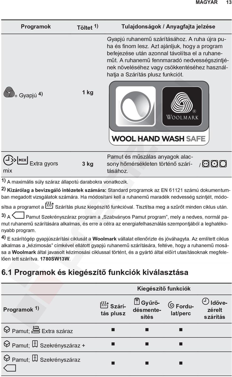 A ruhanemű fennmaradó nedvességszintjének növeléséhez vagy csökkentéséhez használhatja a Szárítás plusz funkciót. Pamut és műszálas anyagok alacsony hőmérsékleten történő szárításához.