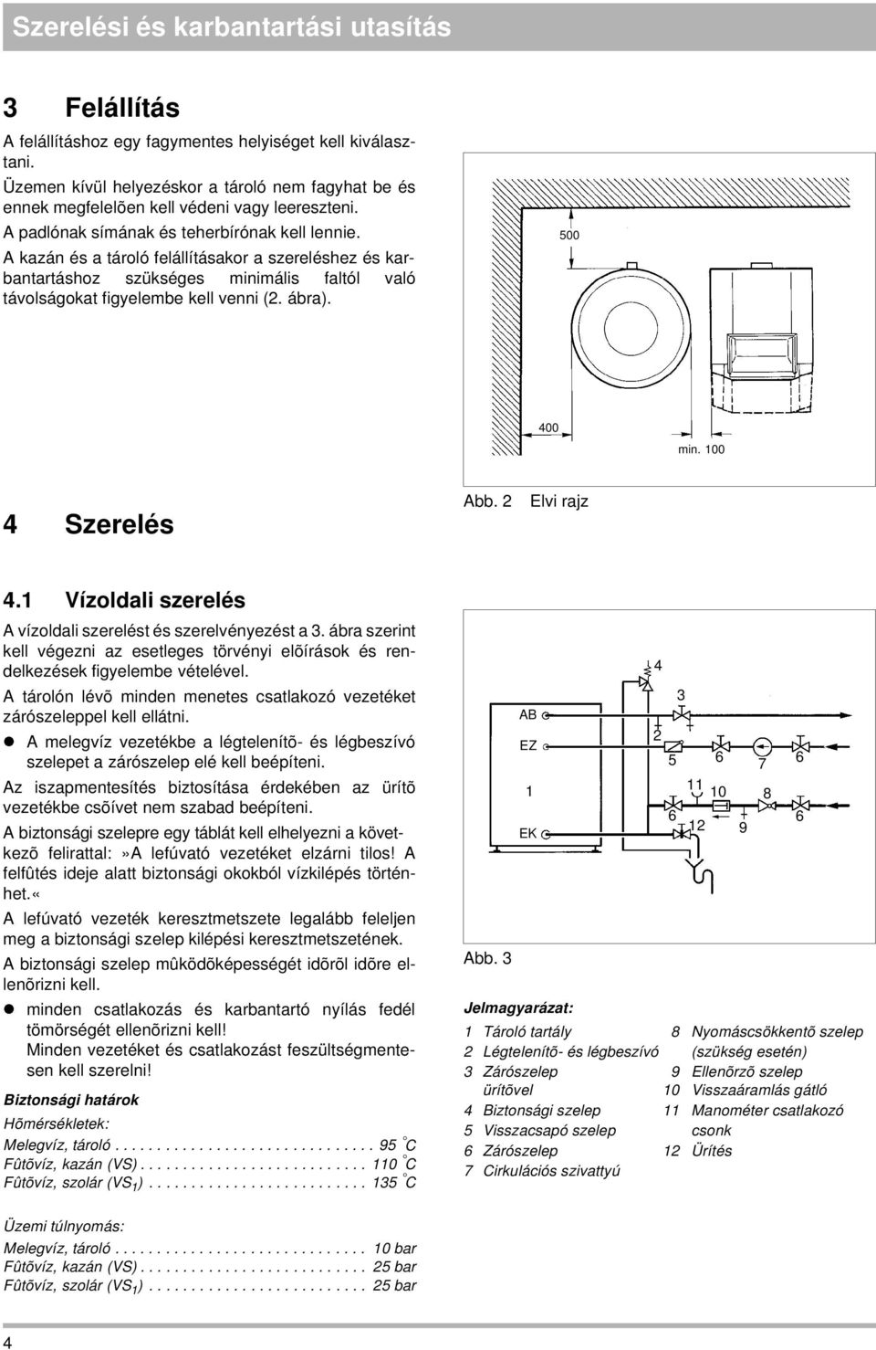 100 4 Szerelés Abb. 2 4.1 Vízoldali szerelés A vízoldali szerelést és szerelvényezést a 3. ábra szerint kell végezni az esetleges törvényi elõírások és rendelkezések figyelembe vételével.