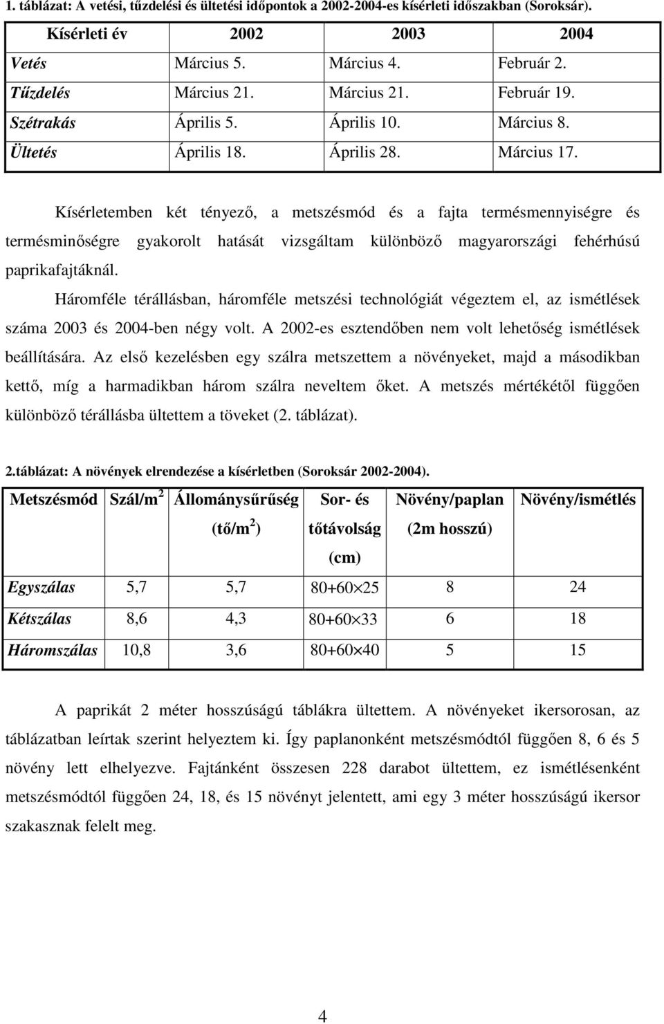 Kísérletemben két tényezı, a metszésmód és a fajta termésmennyiségre és termésminıségre gyakorolt hatását vizsgáltam különbözı magyarországi fehérhúsú paprikafajtáknál.