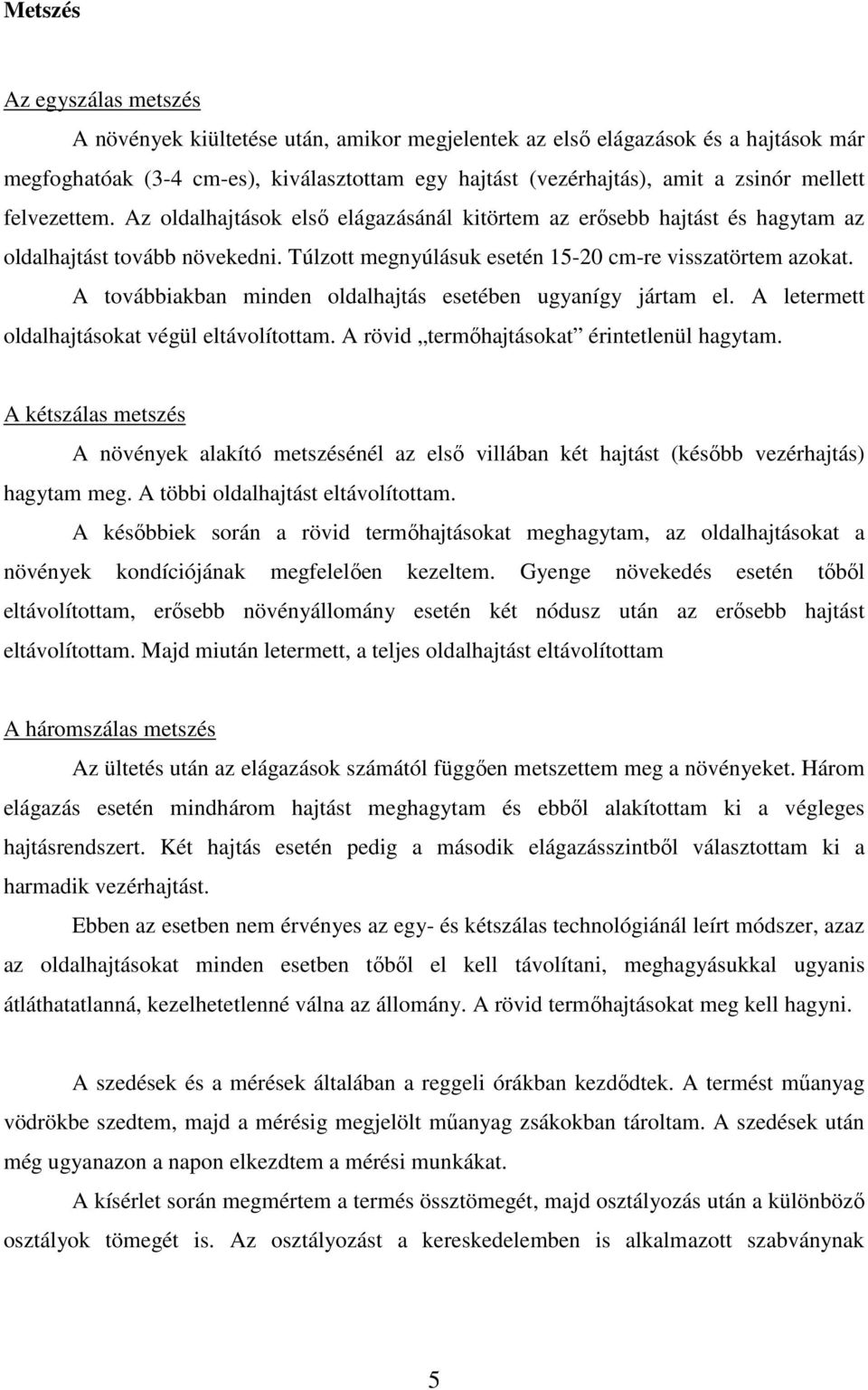 A továbbiakban minden oldalhajtás esetében ugyanígy jártam el. A letermett oldalhajtásokat végül eltávolítottam. A rövid termıhajtásokat érintetlenül hagytam.