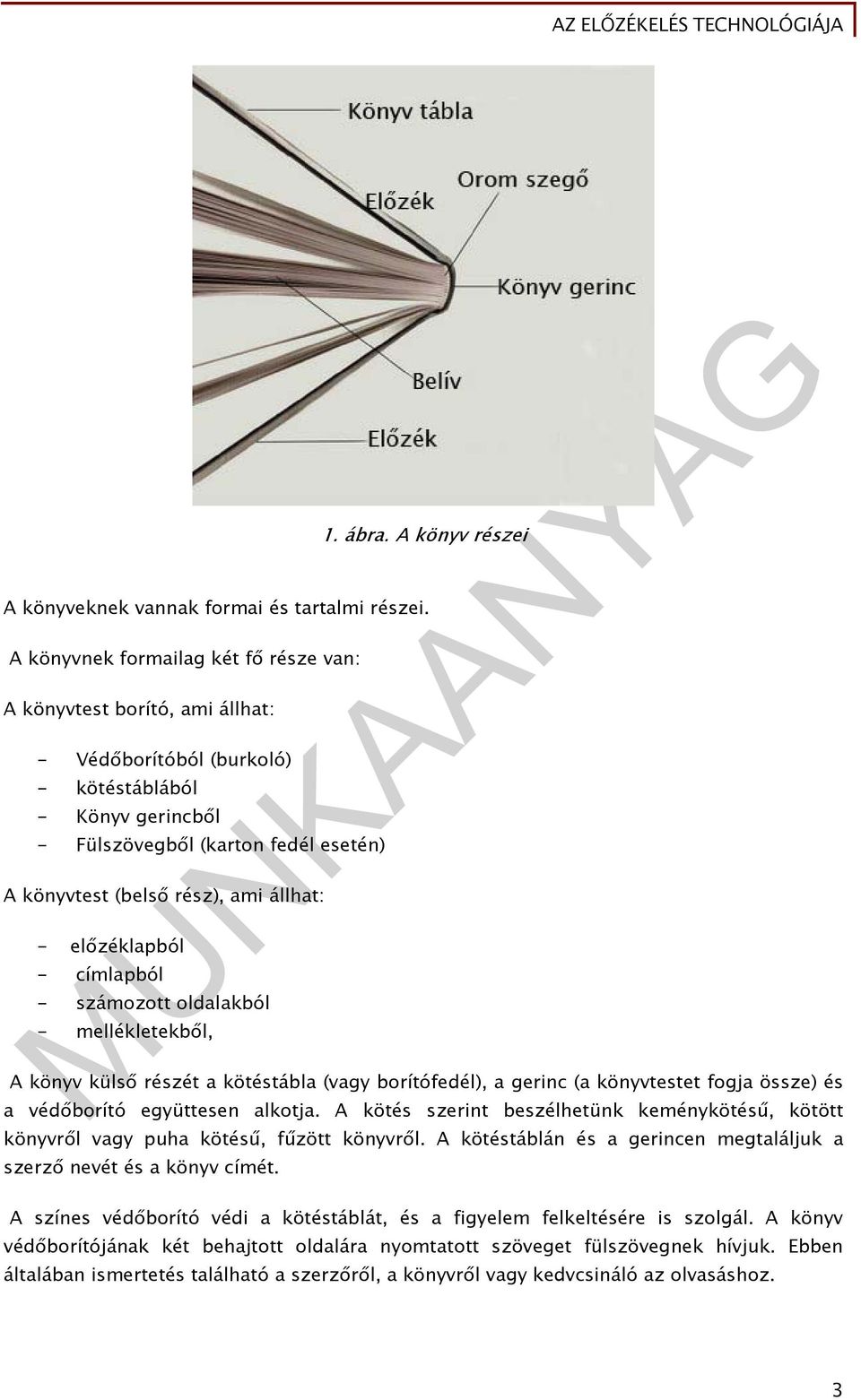 állhat: - előzéklapból - címlapból - számozott oldalakból - mellékletekből, A könyv külső részét a kötéstábla (vagy borítófedél), a gerinc (a könyvtestet fogja össze) és a védőborító együttesen