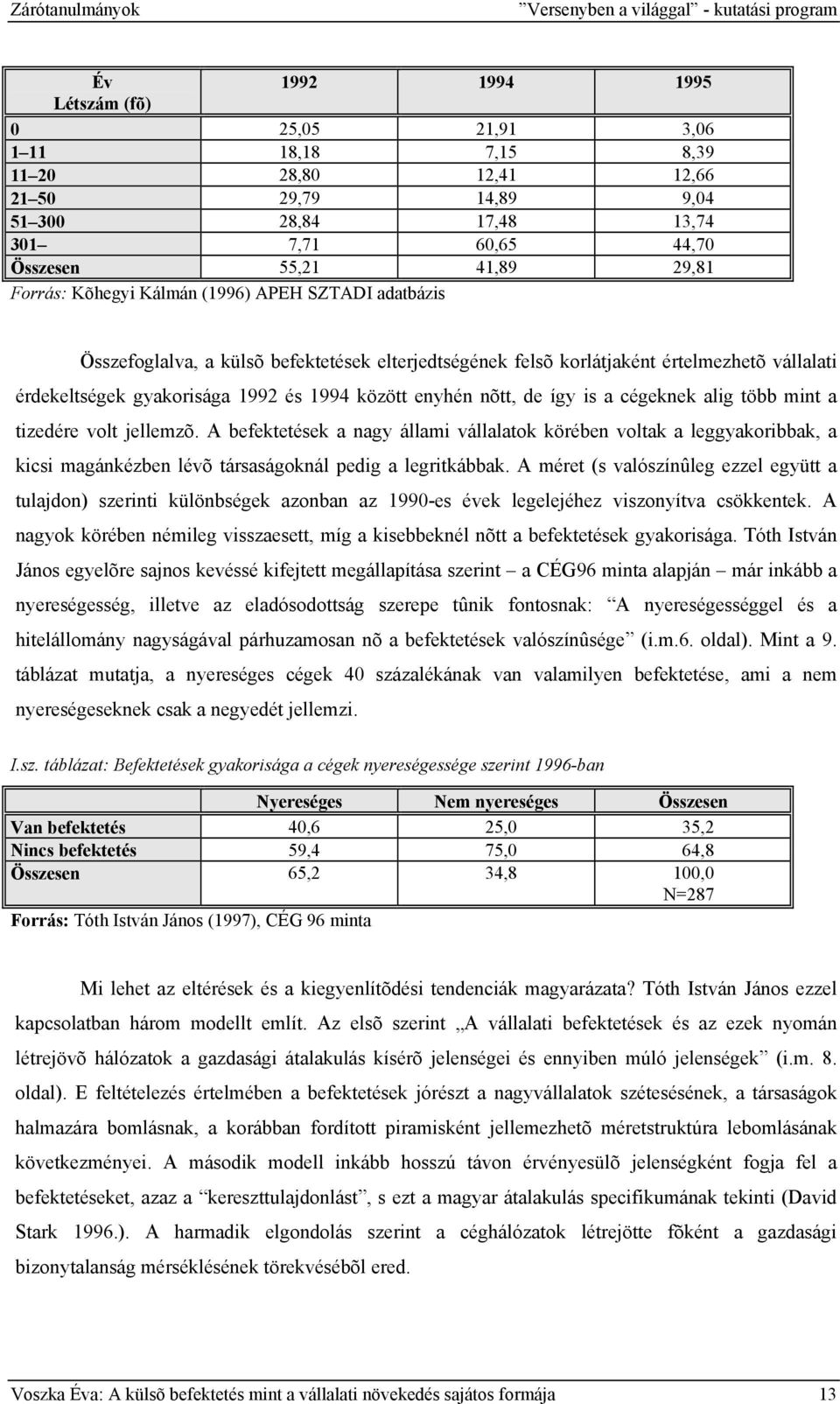 érdekeltségek gyakorisága 1992 és 1994 között enyhén nõtt, de így is a cégeknek alig több mint a tizedére volt jellemzõ.