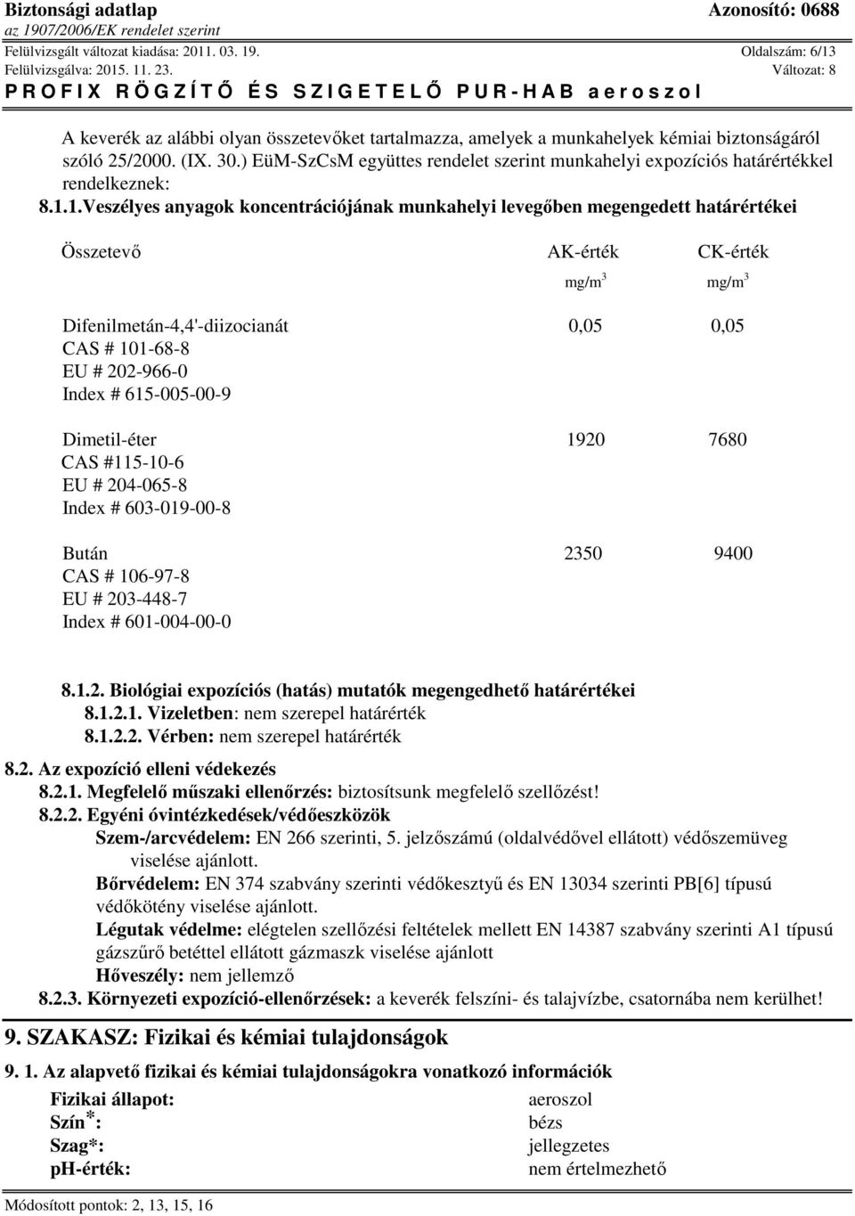 1.Veszélyes anyagok koncentrációjának munkahelyi levegőben megengedett határértékei Összetevő AK-érték CK-érték mg/m 3 mg/m 3 0,05 0,05 CAS # 101-68-8 EU # 202-966-0 Index # 615-005-00-9 Dimetil-éter