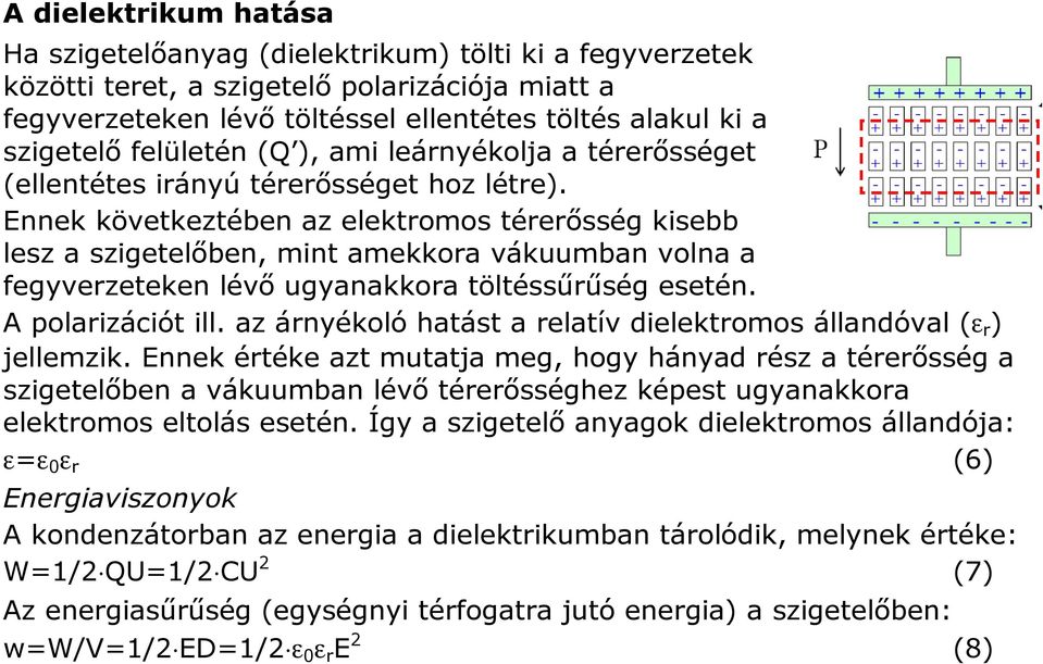 Ennek következtében az elektromos térerősség kisebb lesz a szigetelőben, mint amekkora vákuumban volna a fegyverzeteken lévő ugyanakkora töltéssűrűség esetén. A polarizációt ill.