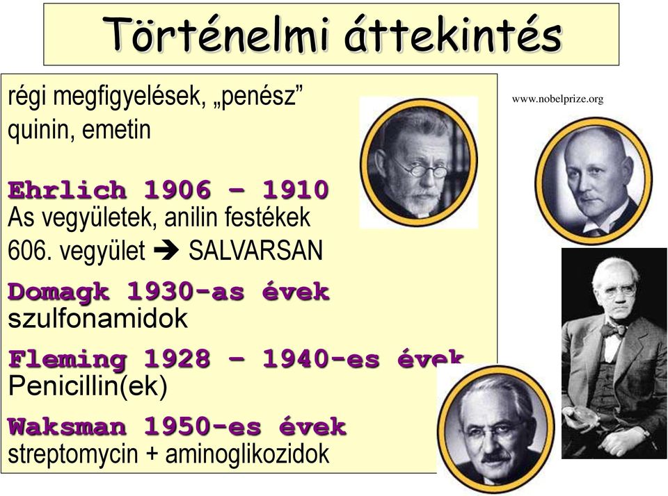 vegyület SALVARSAN Domagk 1930-as évek szulfonamidok Fleming 1928