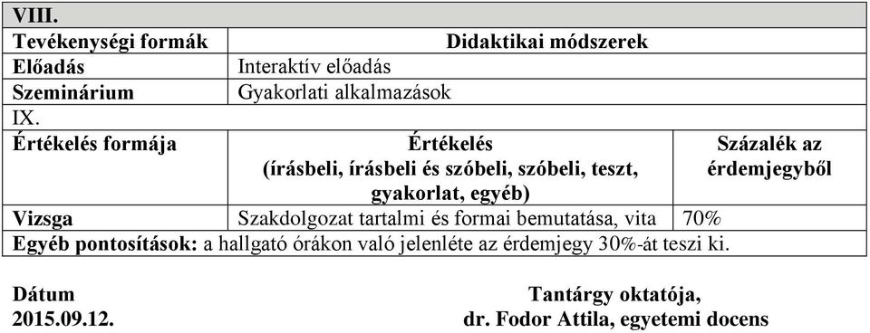 írásbeli és szóbeli, szóbeli, teszt, gyakorlat, egyéb) Vizsga Szakdolgozat tartalmi és formai bemutatása, vita