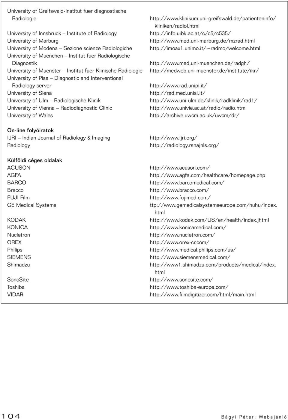 University of Ulm Radiologische Klinik University of Vienna Radiodiagnostic Clinic University of Wales On-line folyóiratok IJRI Indian Journal of Radiology & Imaging Radiology Külföldi céges oldalak