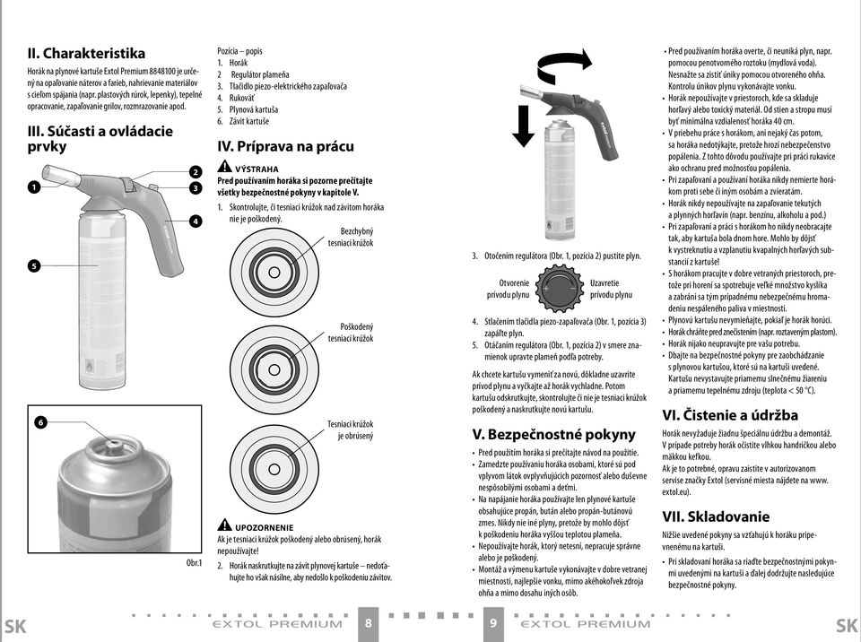 Tlačidlo piezo-elektrického zapaľovača 4. Rukoväť 5. Plynová kartuša 6. Závit kartuše IV.