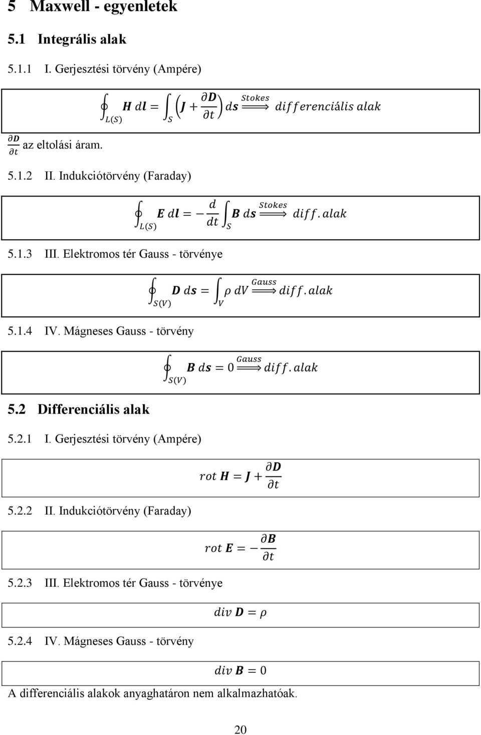 2 Differenciális alak 5.2.1 I. Gerjesztési törvény (Ampére) 5.2.2 II. Indukciótörvény (Faraday) 5.2.3 III.