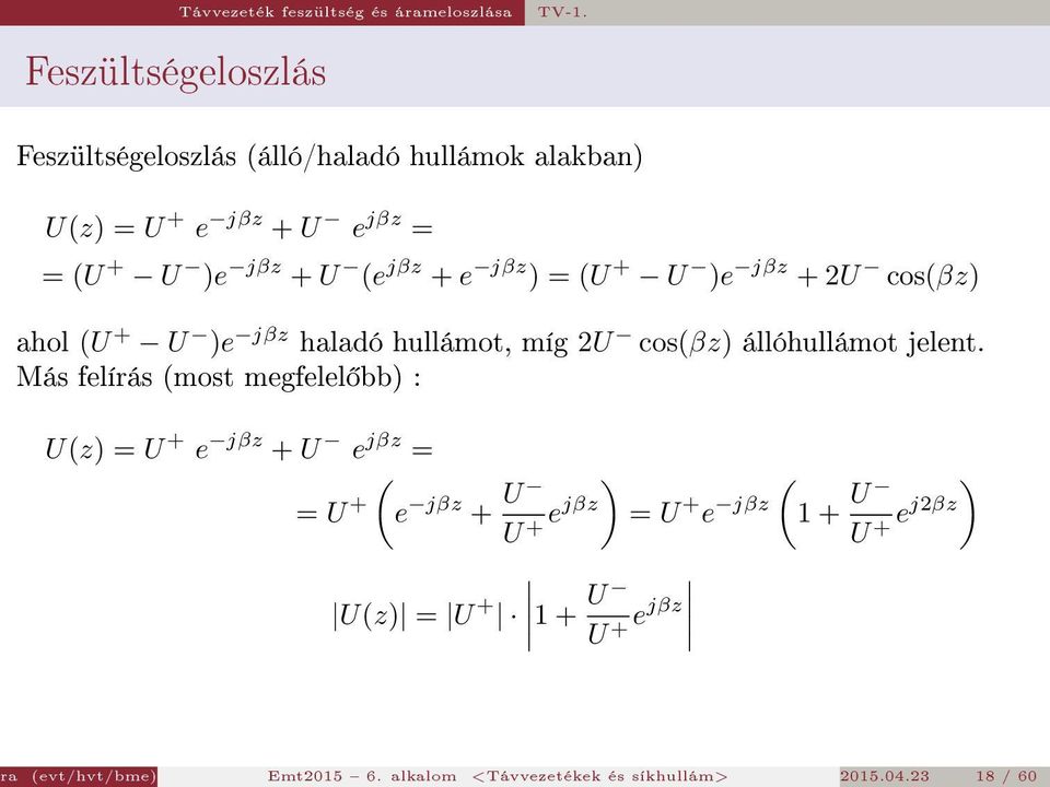 e jβz ) = (U + U )e jβz + 2U cos(βz) ahol (U + U )e jβz haladó hullámot, míg 2U cos(βz) állóhullámot jelent.