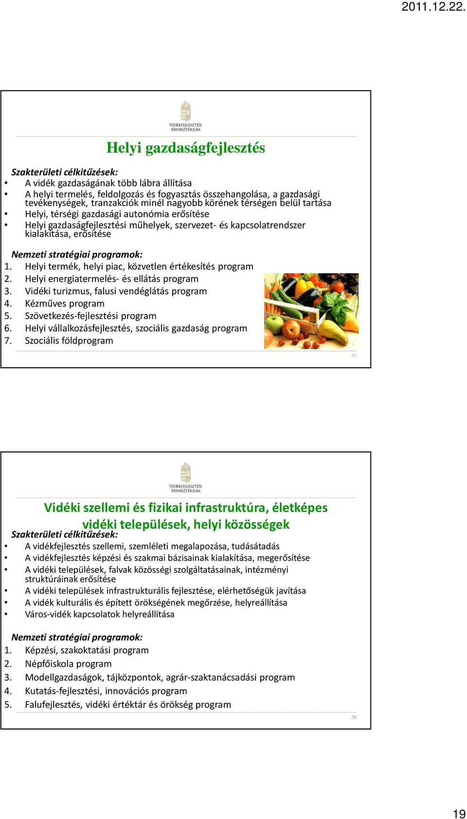 programok: 1. Helyi termék, helyi piac, közvetlen értékesítés program 2. Helyi energiatermelés- és ellátás program 3. Vidéki turizmus, falusi vendéglátás program 4. Kézműves program 5.