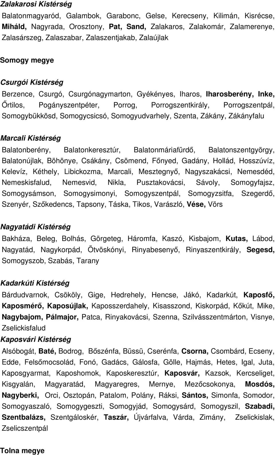 Porrogszentpál, Somogybükkösd, Somogycsicsó, Somogyudvarhely, Szenta, Zákány, Zákányfalu Marcali Kistérség Balatonberény, Balatonkeresztúr, Balatonmáriafürdő, Balatonszentgyörgy, Balatonújlak,