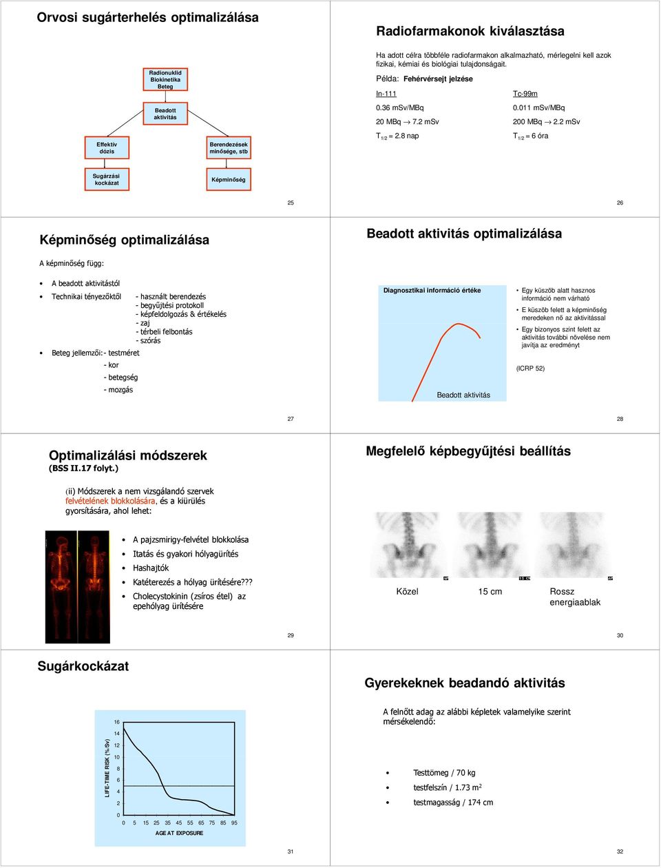 8 nap 1/2 = 6 óra Sugárzási kockázat Képminőség 25 26 Képminőség optimalizálása Beadott aktivitás optimalizálása A képminőség függ: A beadott aktivitástól echnikai tényezőktől - használt berendezés -
