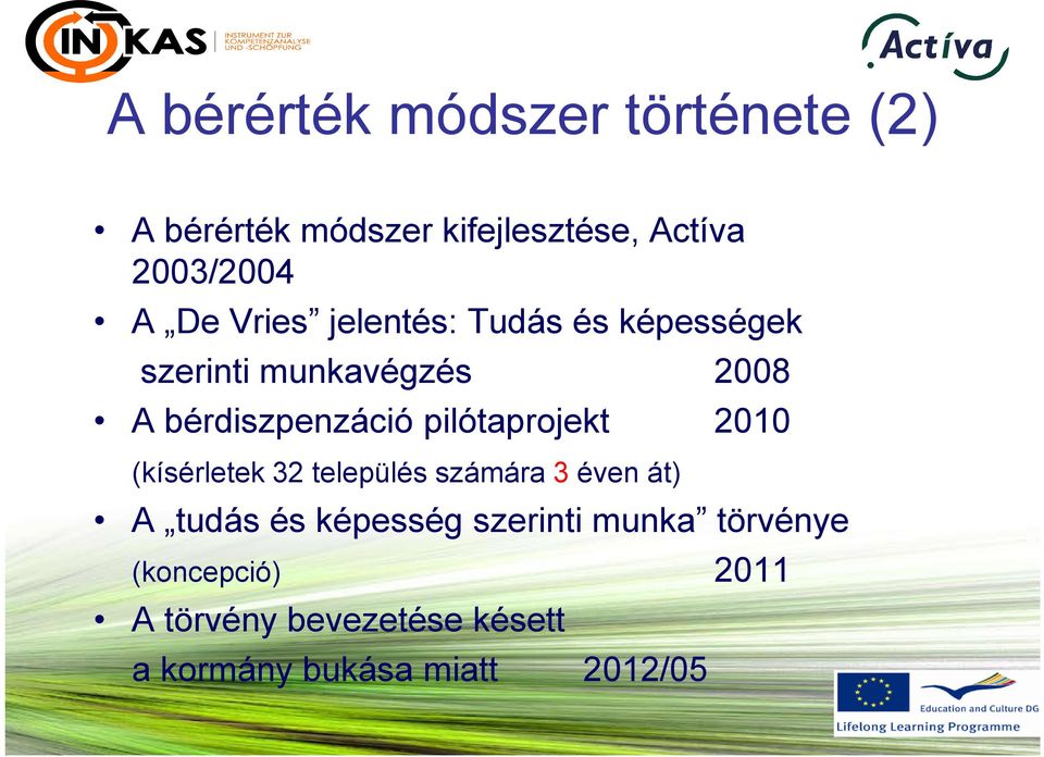 pilótaprojekt 2010 (kísérletek 32 település számára 3 éven át) A tudás és képesség