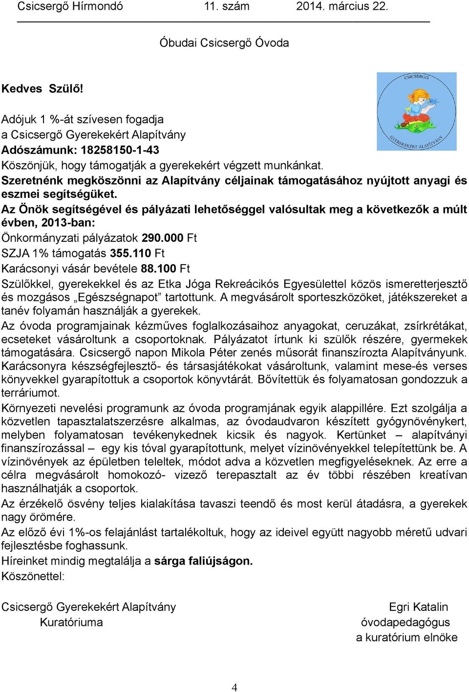 Az Önök segítségével és pályázati lehetőséggel valósultak meg a következők a múlt évben, 2013-ban: Önkormányzati pályázatok 290.000 Ft SZJA 1% támogatás 355.110 Ft Karácsonyi vásár bevétele 88.