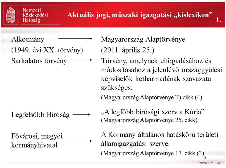 ) Törvény, amelynek elfogadásához és módosításához a jelenlévő országgyűlési képviselők kétharmadának szavazata szükséges.