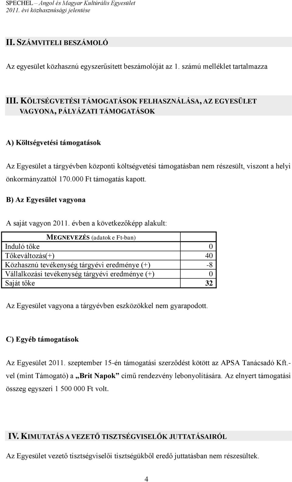 a helyi önkormányzattól 170.000 Ft támogatás kapott. B) Az Egyesület vagyona A saját vagyon 2011.