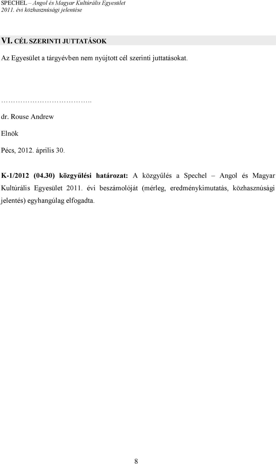 30) közgyűlési határozat: A közgyűlés a Spechel Angol és Magyar Kultúrális Egyesület