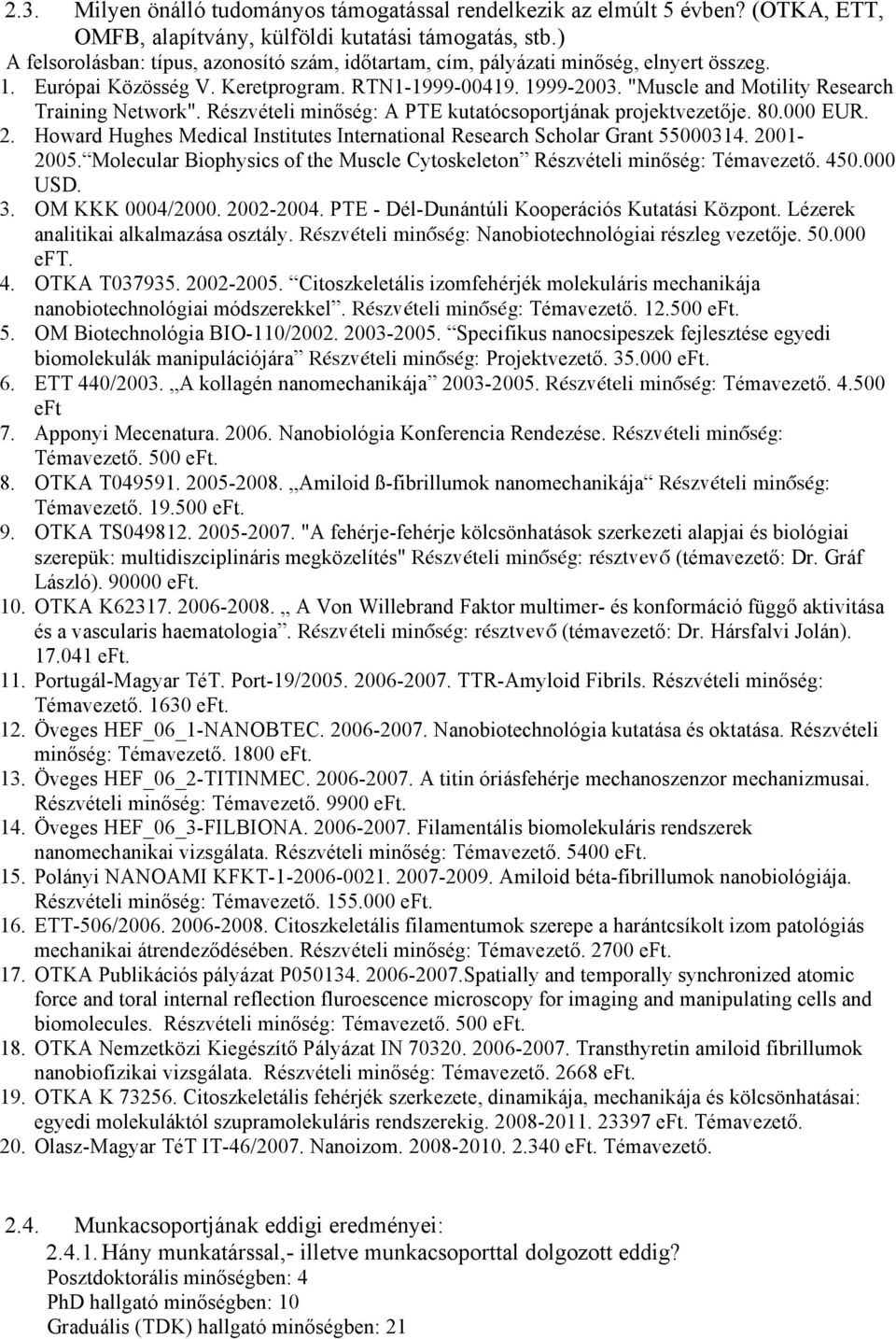 "Muscle and Motility Research Training Network". Részvételi minőség: A PTE kutatócsoportjának projektvezetője. 80.000 EUR. 2.