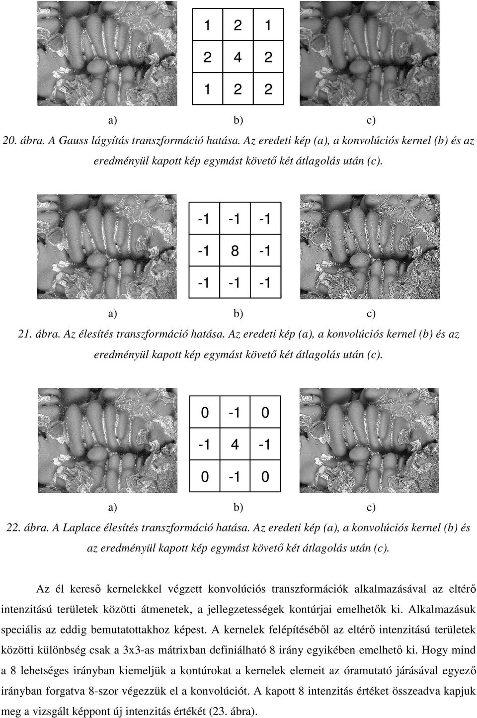 a) - - 4 - - b) c) 22. ábra. A Laplace élesítés transzformáció hatása. Az eredeti kép (a), a konvolúciós kernel (b) és az eredményül kapott kép egymást követı két átlagolás után (c).