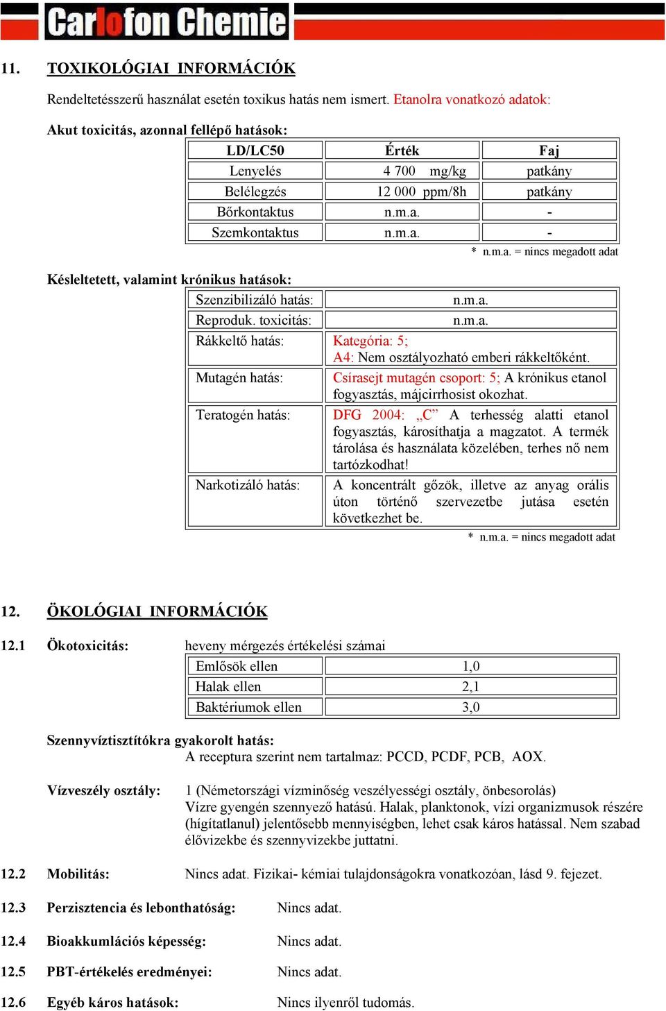 m.a. Reproduk. toxicitás: n.m.a. Rákkeltő hatás: Kategória: 5; A4: Nem osztályozható emberi rákkeltőként.