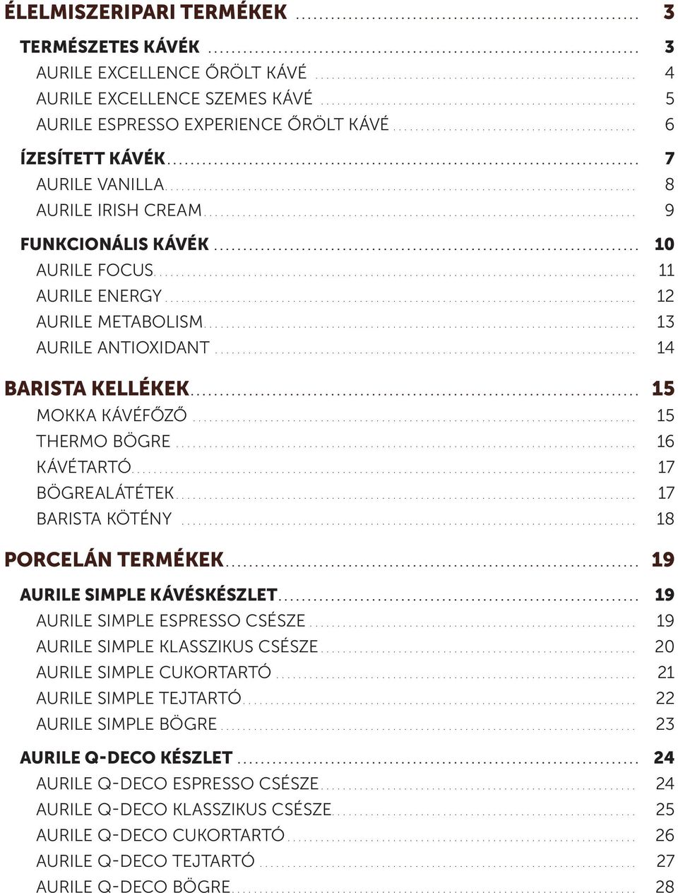 ... 15 Mokka kávéfőző.... 15 Thermo bögre.... 16 Kávétartó... 17 Bögrealátétek.... 17 Barista kötény... 18 PORCELÁN TERMÉKEK.... 19 AURILE SIMPLE Kávéskészlet.... 19 AURILE SIMPLE Espresso csésze.