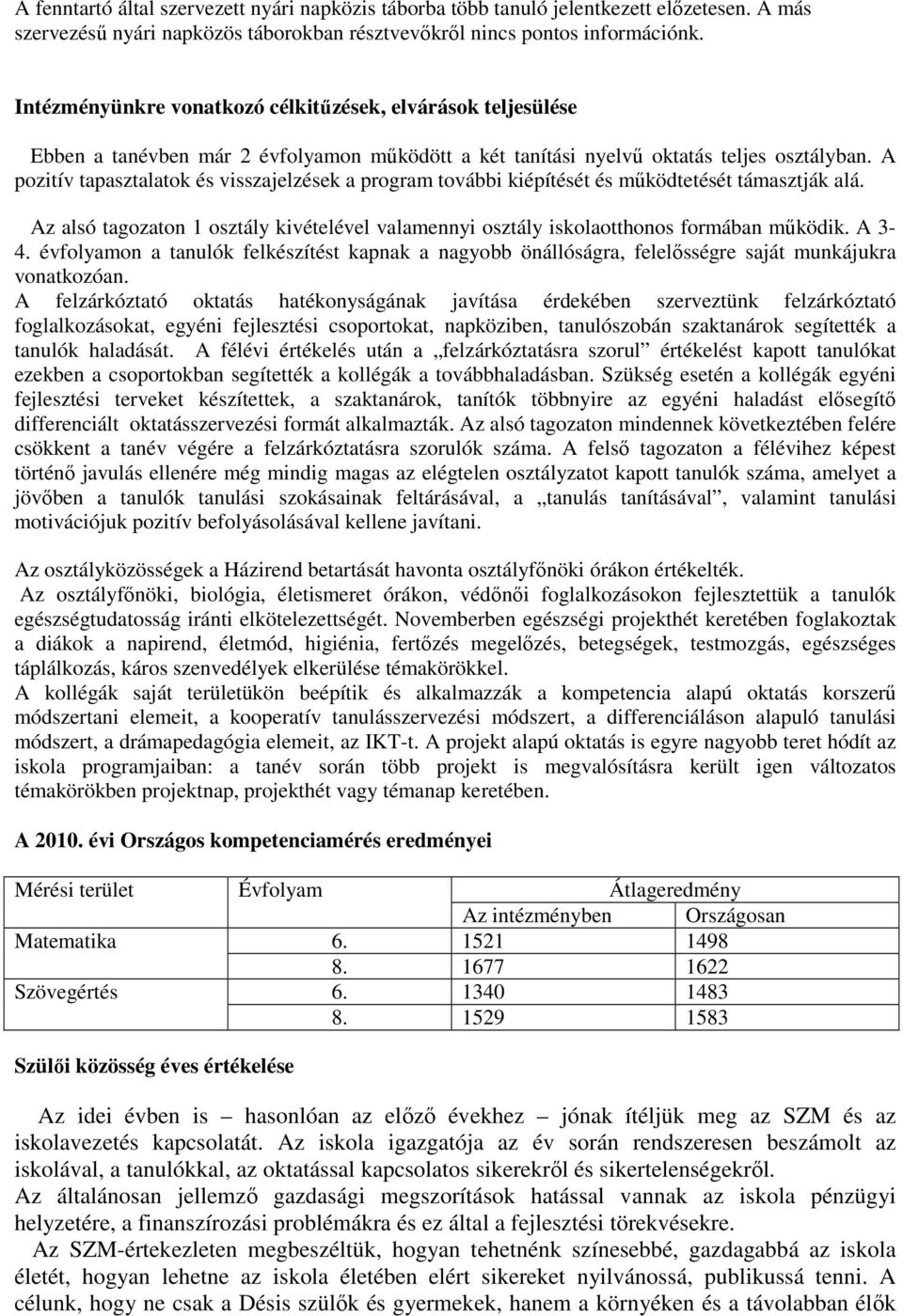 A pozitív tapasztalatok és visszajelzések a program további kiépítését és működtetését támasztják alá. Az alsó tagozaton 1 osztály kivételével valamennyi osztály iskolaotthonos formában működik.