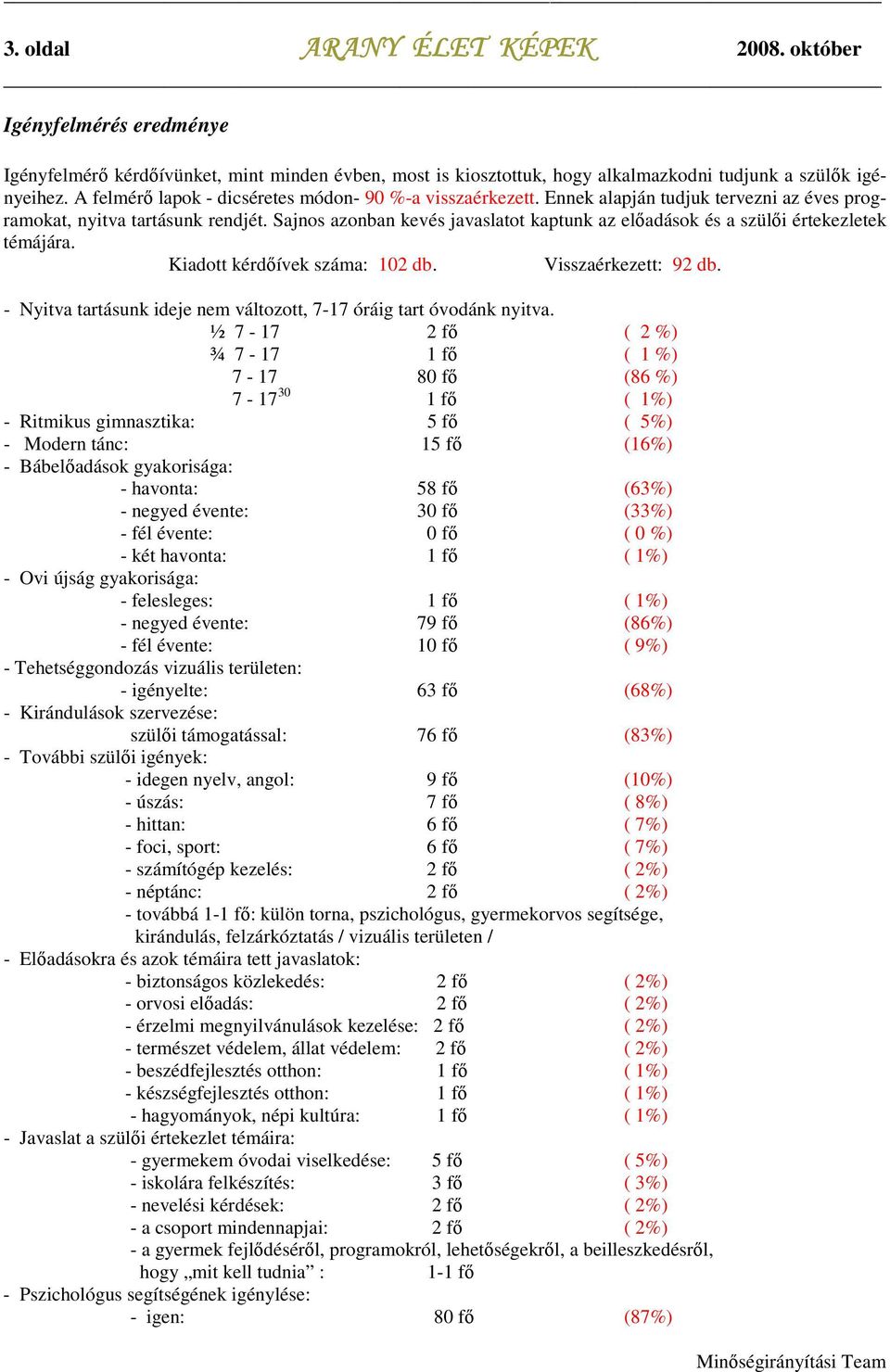 Sajnos azonban kevés javaslatot kaptunk az elıadások és a szülıi értekezletek témájára. Kiadott kérdıívek száma: 102 db. Visszaérkezett: 92 db.