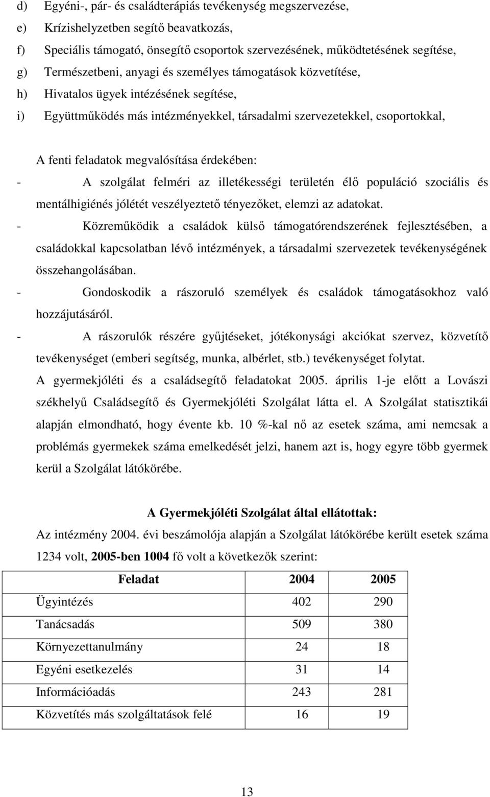 megvalósítása érdekében: - A szolgálat felméri az illetékességi területén élı populáció szociális és mentálhigiénés jólétét veszélyeztetı tényezıket, elemzi az adatokat.