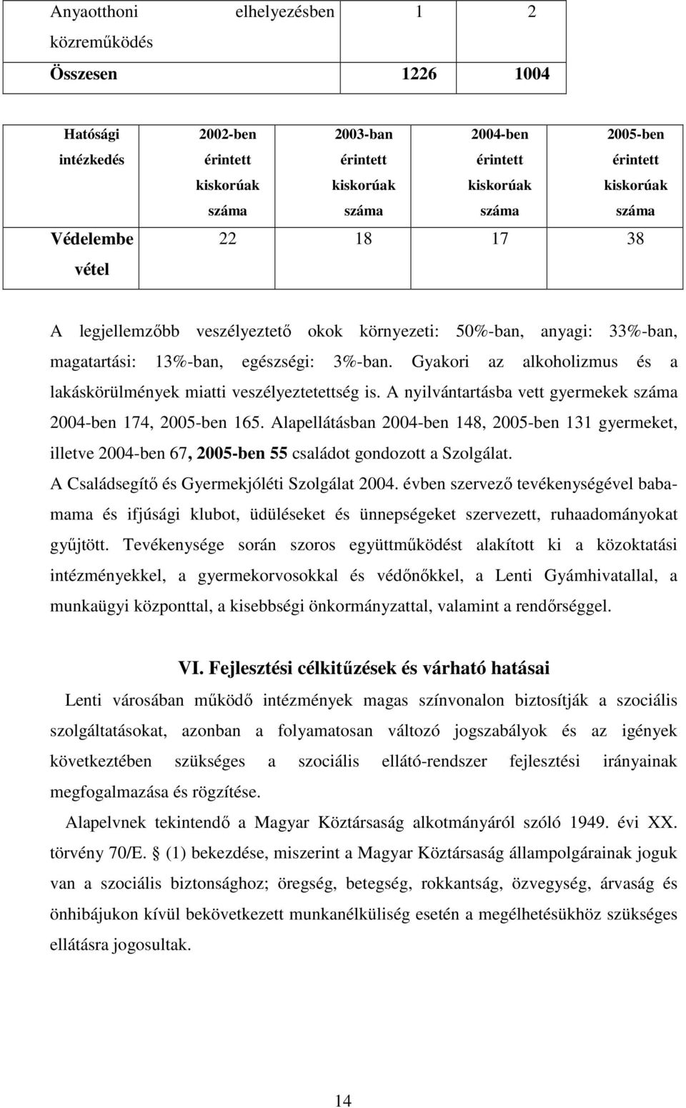 Gyakori az alkoholizmus és a lakáskörülmények miatti veszélyeztetettség is. A nyilvántartásba vett gyermekek száma 2004-ben 174, 2005-ben 165.