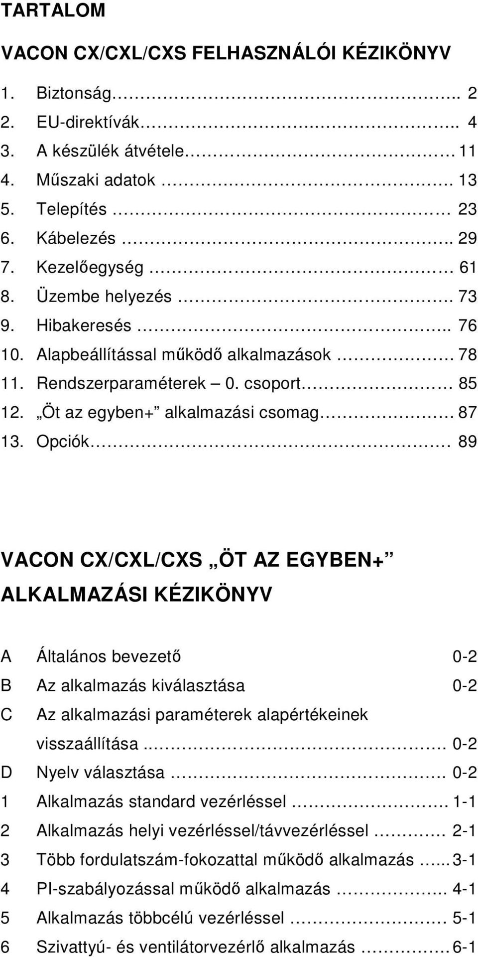 89 VACON CX/CXL/CXS ÖT AZ EGYBEN+ ALKALMAZÁSI KÉZIKÖNYV A Általános bevezetı 0-2 B Az alkalmazás kiválasztása 0-2 C Az alkalmazási paraméterek alapértékeinek visszaállítása... 0-2 D Nyelv választása.