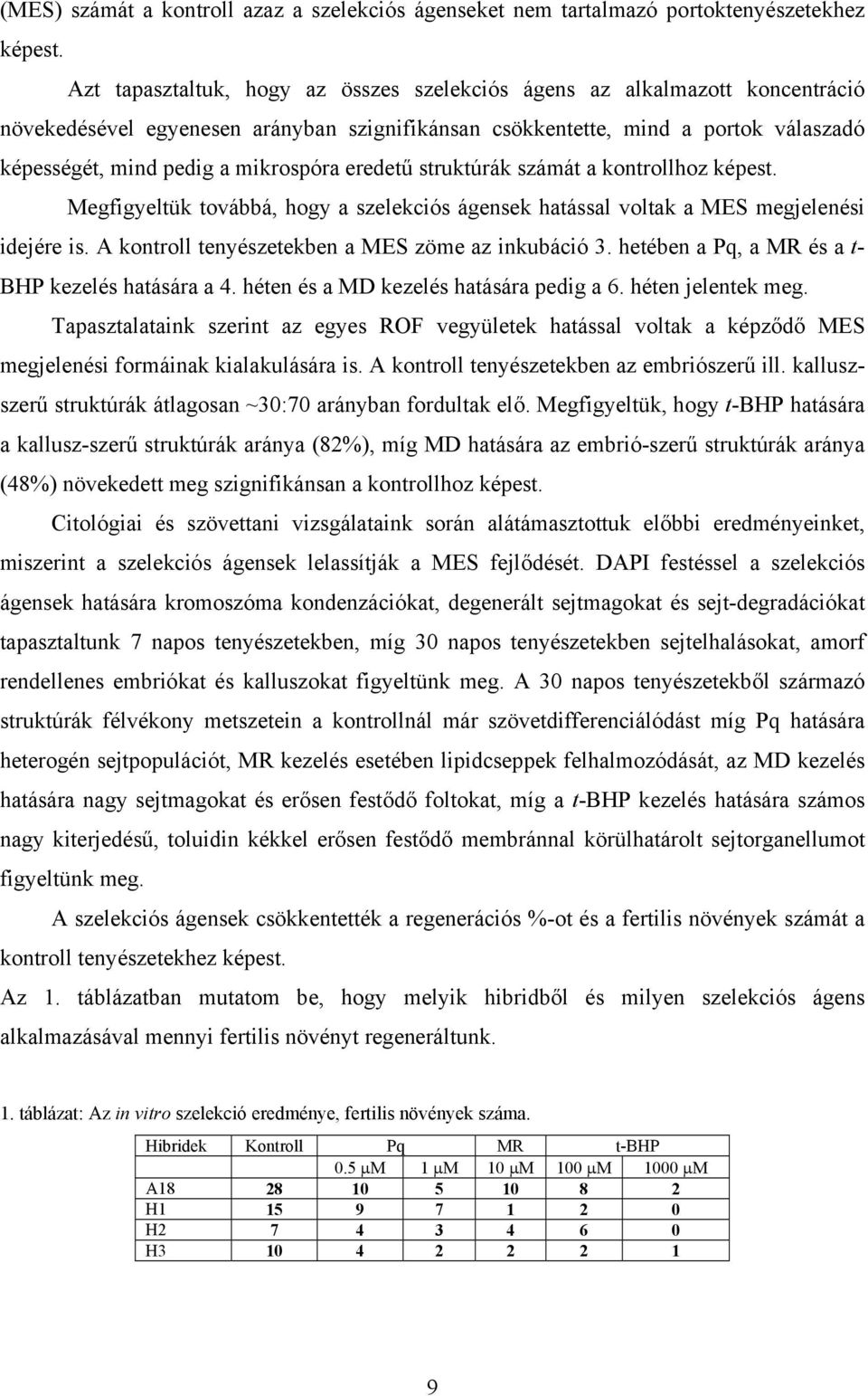 eredetű struktúrák számát a kontrollhoz képest. Megfigyeltük továbbá, hogy a szelekciós ágensek hatással voltak a MES megjelenési idejére is. A kontroll tenyészetekben a MES zöme az inkubáció 3.