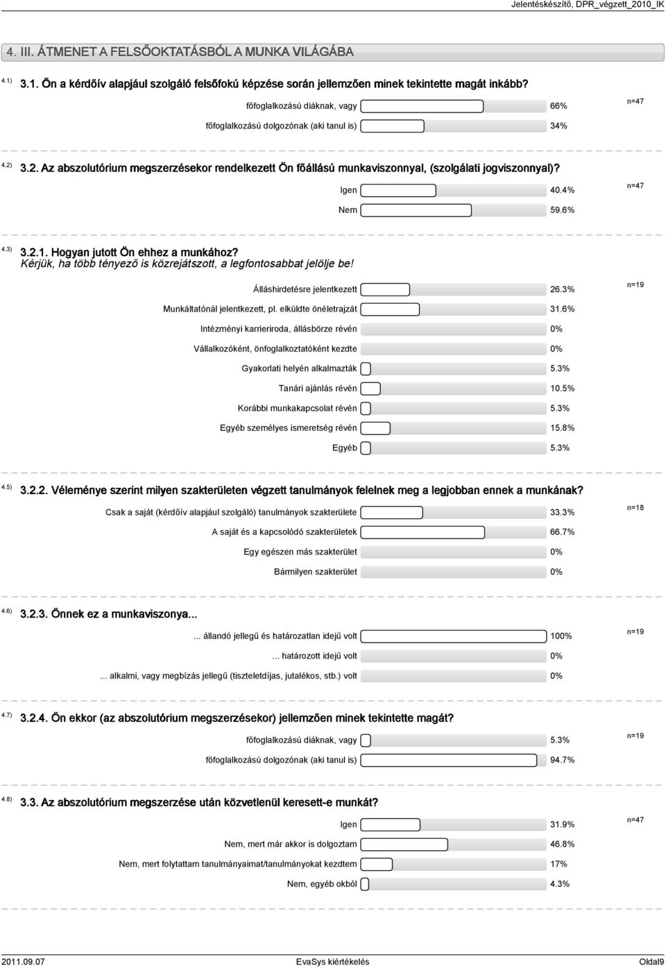 % Nem 9.6% n=7.)... Hogyan jutott Ön ehhez a munkához? Kérjük, ha több tényező is közrejátszott, a legfontosabbat jelölje be! Álláshirdetésre jelentkezett 6.% Munkáltatónál jelentkezett, pl.