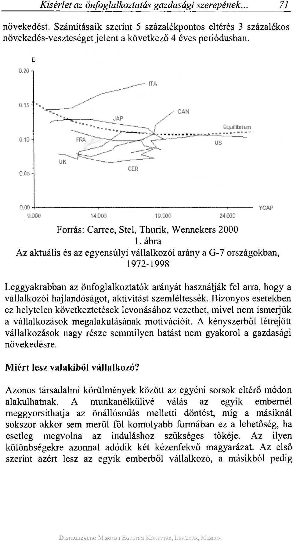 ábra Az aktuális és az egyensúlyi vállalkozói arány a G-7 országokban, 1972-1998 Leggyakrabban az önfoglalkoztatók arányát használják fel arra, hogy a vállalkozói hajlandóságot, aktivitást