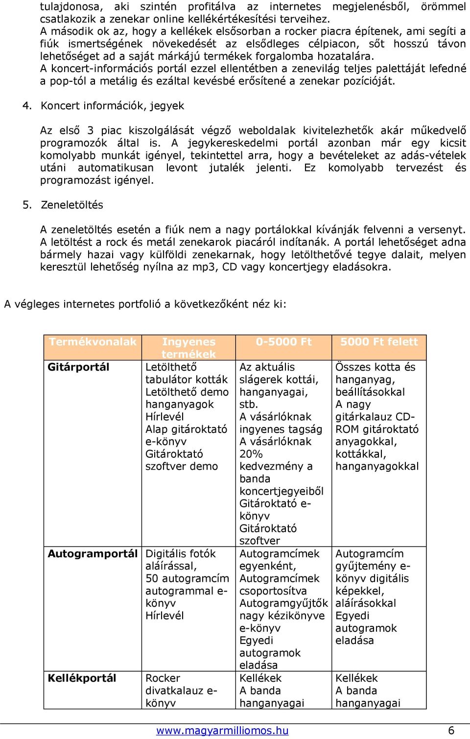 forgalomba hozatalára. A koncert-információs portál ezzel ellentétben a zenevilág teljes palettáját lefedné a pop-tól a metálig és ezáltal kevésbé erősítené a zenekar pozícióját. 4.