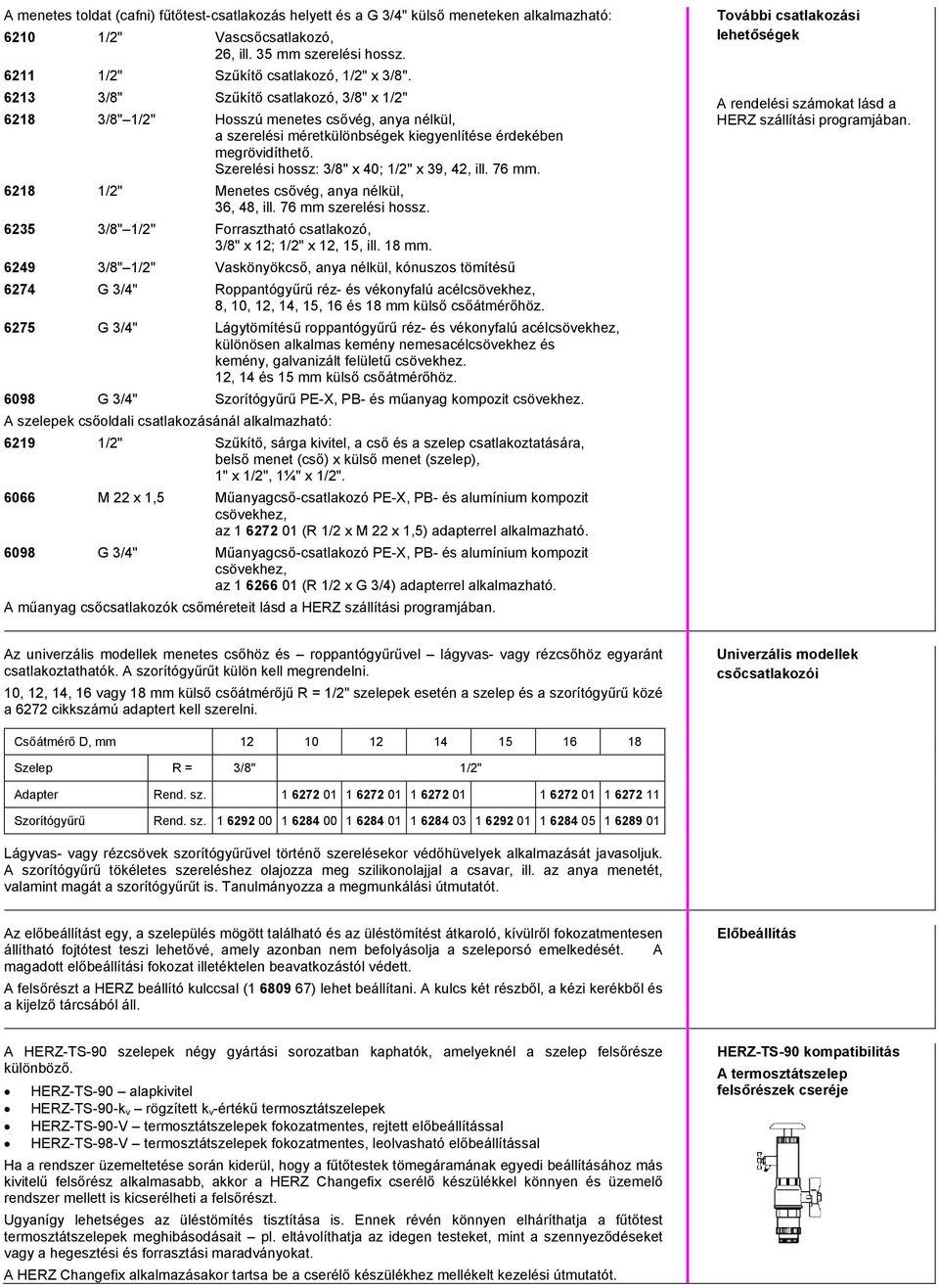 Szerelési hossz: 3/8" x 40; 1/2" x 39, 42, ill. 76 mm. 6218 1/2" Menetes csővég, anya nélkül, 36, 48, ill. 76 mm szerelési hossz. 6235 3/8" 1/2" Forrasztható csatlakozó, 3/8" x 12; 1/2" x 12, 15, ill.