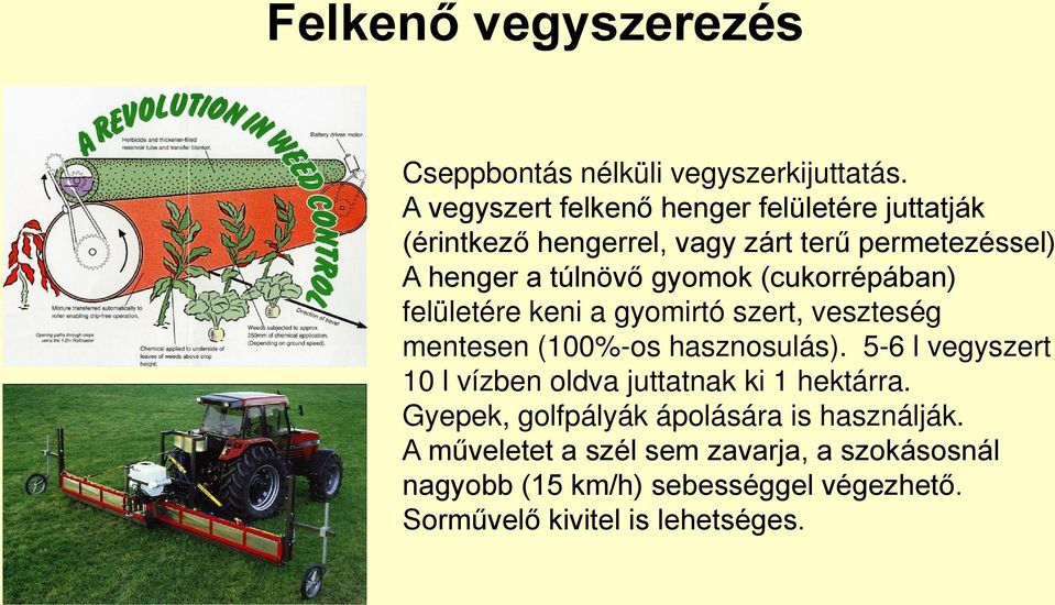 gyomok (cukorrépában) felületére keni a gyomirtó szert, veszteség mentesen (100%-os hasznosulás).