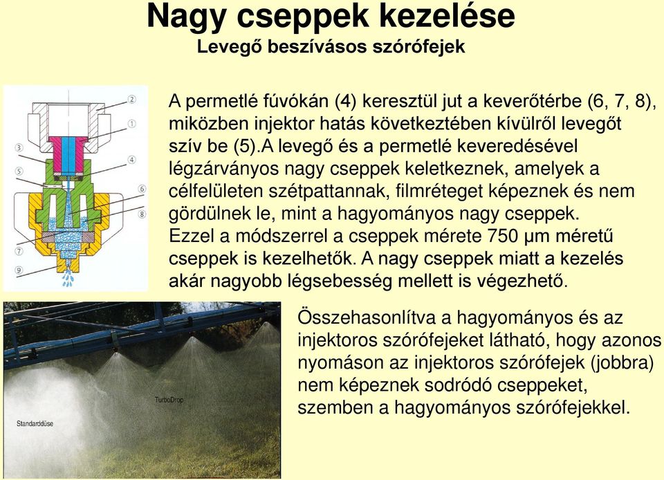 hagyományos nagy cseppek. Ezzel a módszerrel a cseppek mérete 750 μm méretű cseppek is kezelhetők. A nagy cseppek miatt a kezelés akár nagyobb légsebesség mellett is végezhető.