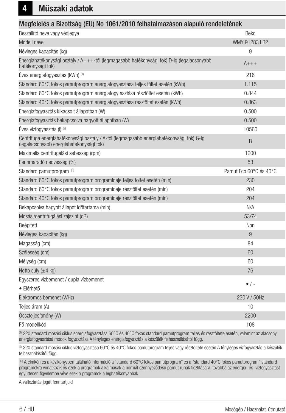 energiafogyasztása teljes töltet esetén (kwh) 1.115 Standard 60 fokos pamutprogram energiafogy asztása résztöltet esetén (kwh) 0.