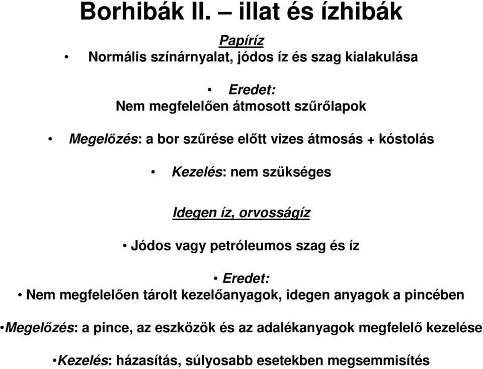 szűrőlapok Megelőzés: a bor szűrése előtt vizes átmosás + kóstolás Kezelés: nem szükséges Idegen íz, orvosságíz