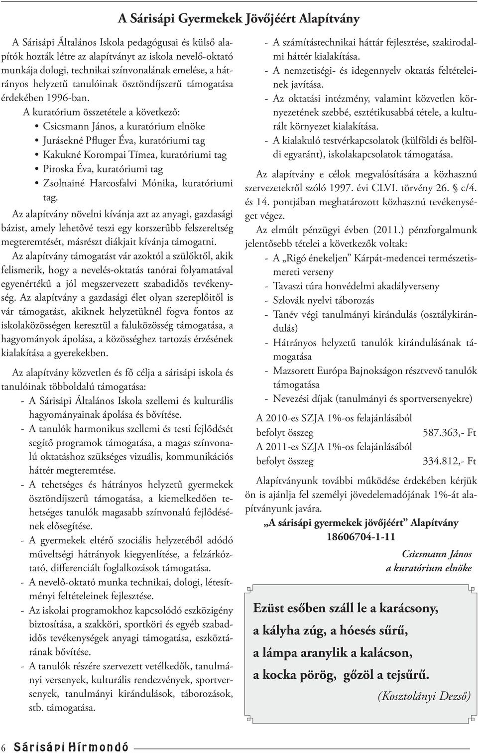 A kuratórium összetétele a következő: Csicsmann János, a kuratórium elnöke Jurásekné Pfluger Éva, kuratóriumi tag Kakukné Korompai Tímea, kuratóriumi tag Piroska Éva, kuratóriumi tag Zsolnainé